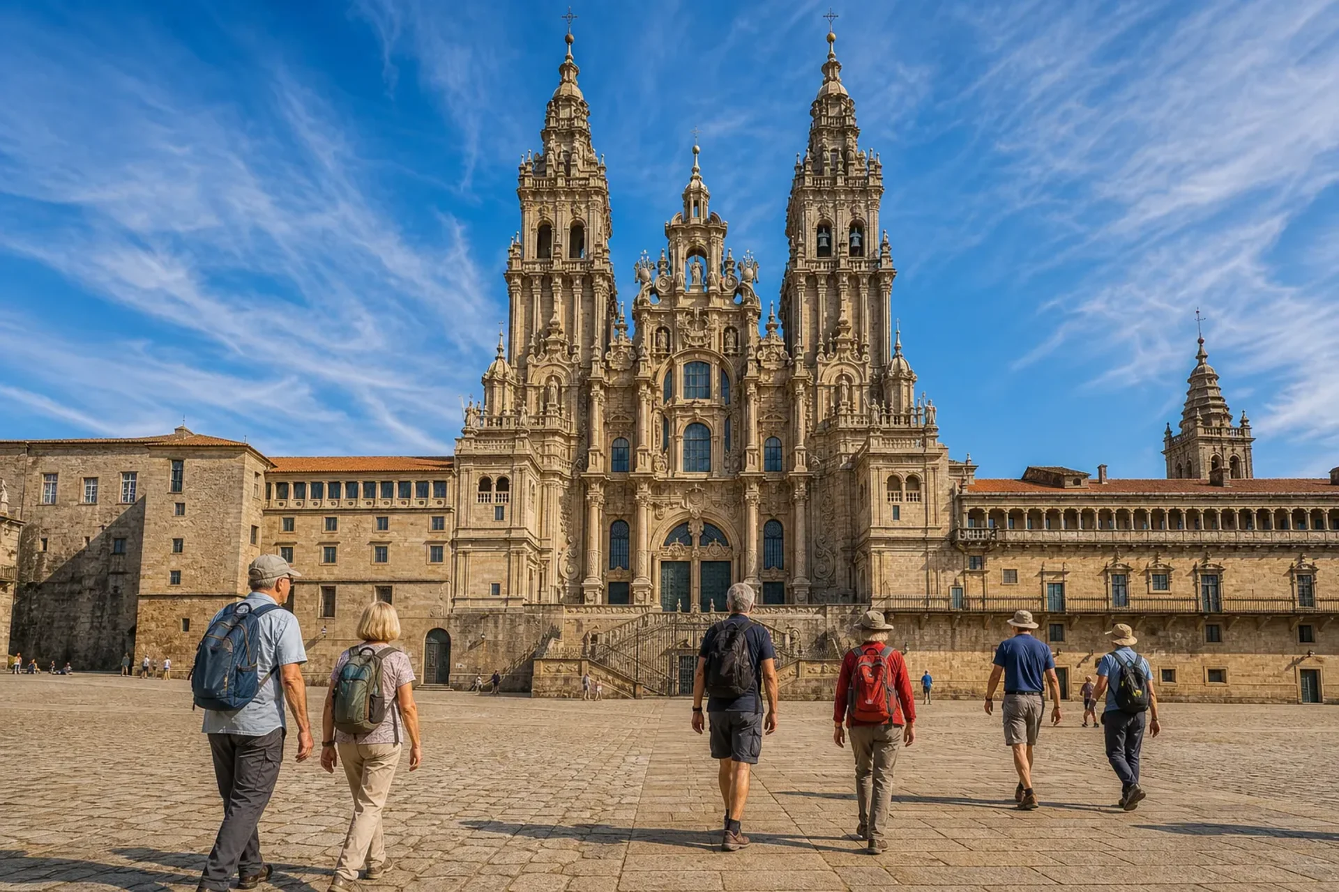 Spain-Travellers arriving at the Cathedral in Santiago de Compostela on a Camino de Santiago Ciara Kelly tour.