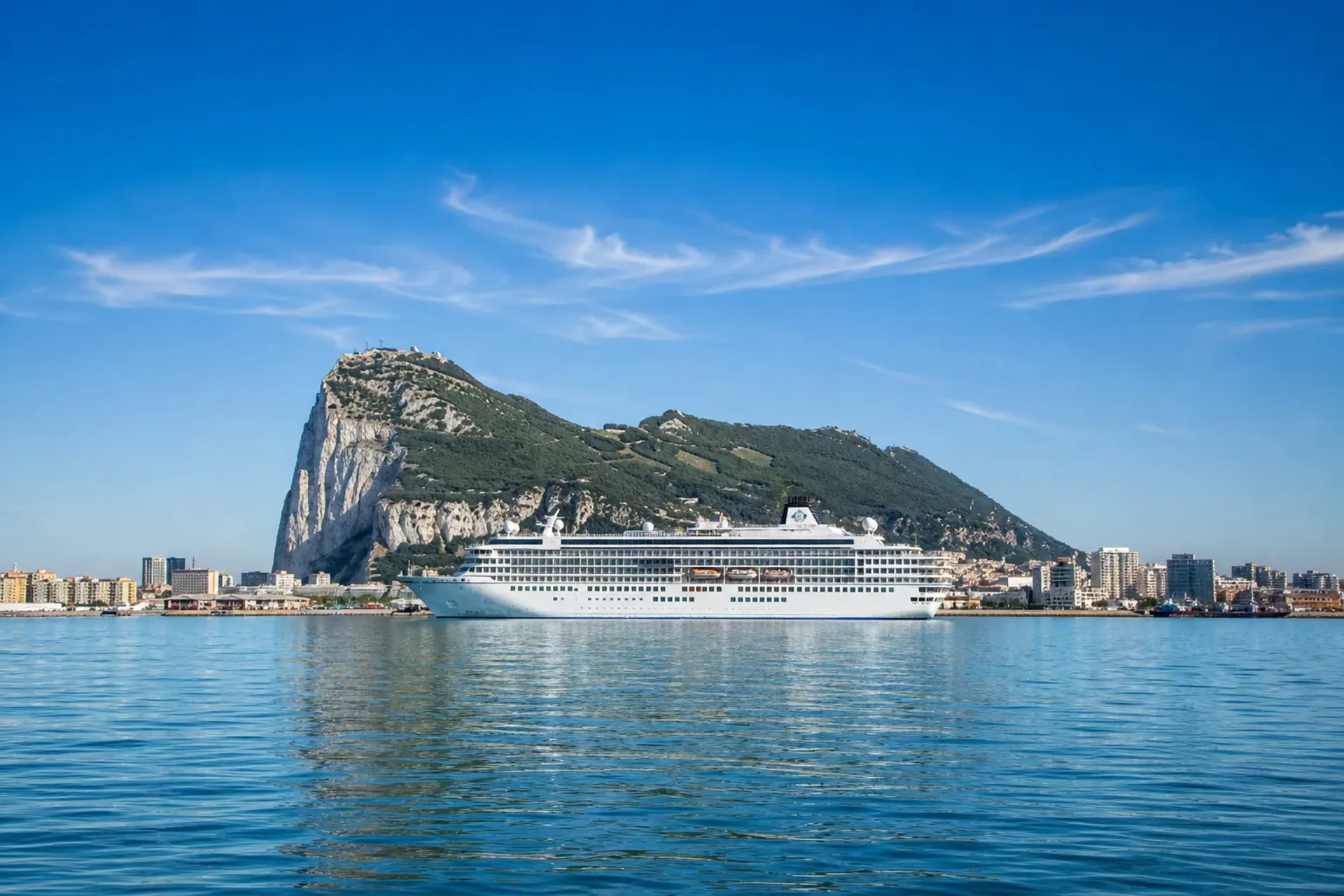 Spain, Morocco & Canary Islands-A 5-star cruise ship anchored near the Rock of Gibraltar on a sunny Canaries Spain Morocco cruise.