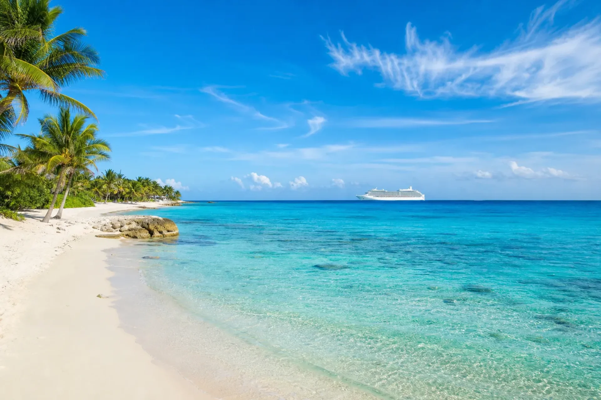 Caribbean-A passenger ship on the horizon near the tropical coast during a Caribbean Cruise Cozumel.