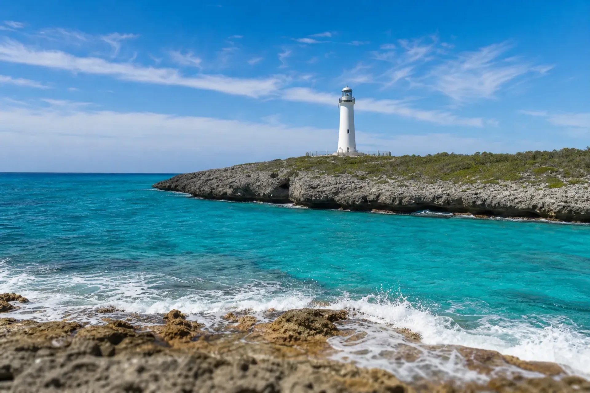 Caribbean-The historic Grand Turk Lighthouse overlooking the turquoise sea during a Caribbean Star Princess cruise.