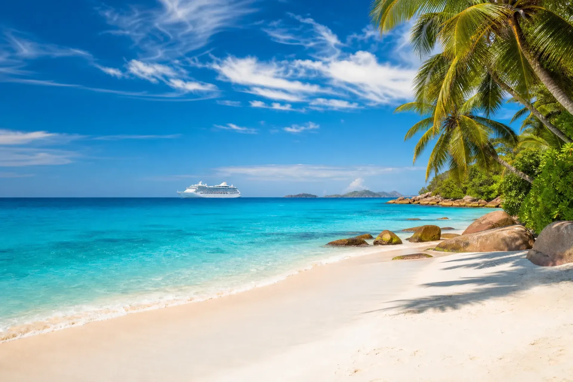 Caribbean-A generic passenger ship on the horizon of a tropical beach, part of a Caribbean cruise Norwegian holiday.