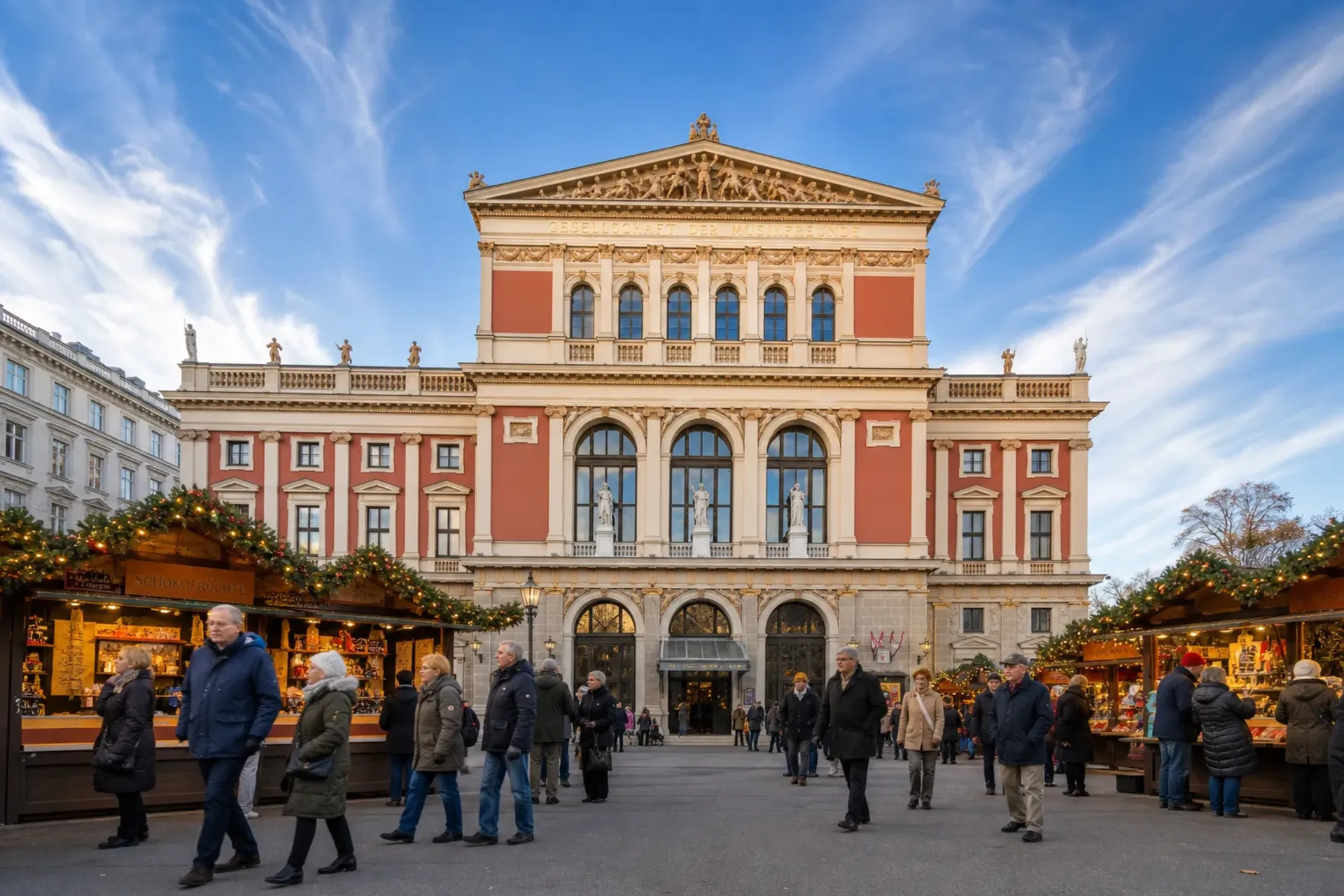 Austria-A festive market scene in front of the venue for your Christmas Vienna Musikverein holiday break.