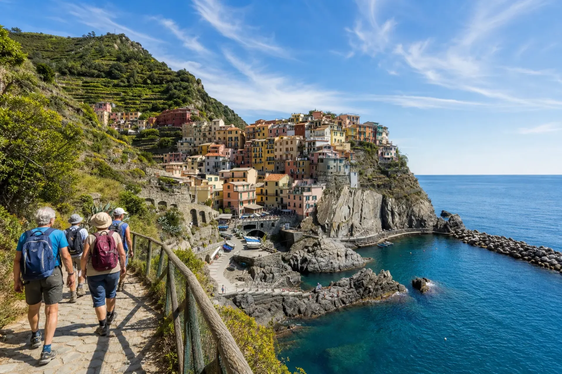 Italy-Active travellers enjoying a scenic Cinque Terre walking trail overlooking the colourful village of Manarola in Italy.