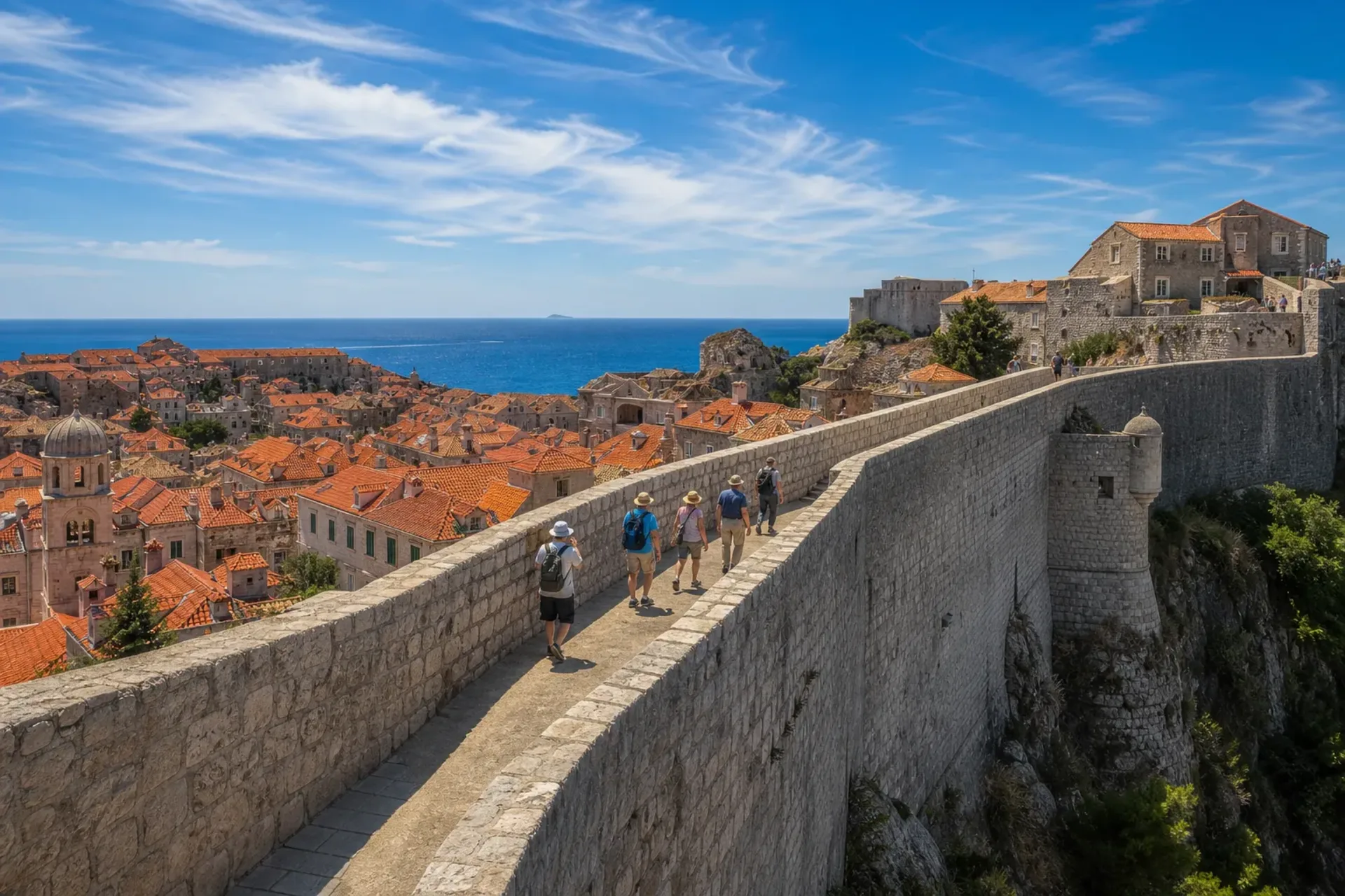 Croatia-A group of active travellers walking along the historic stone walls during a Croatia walking holiday.