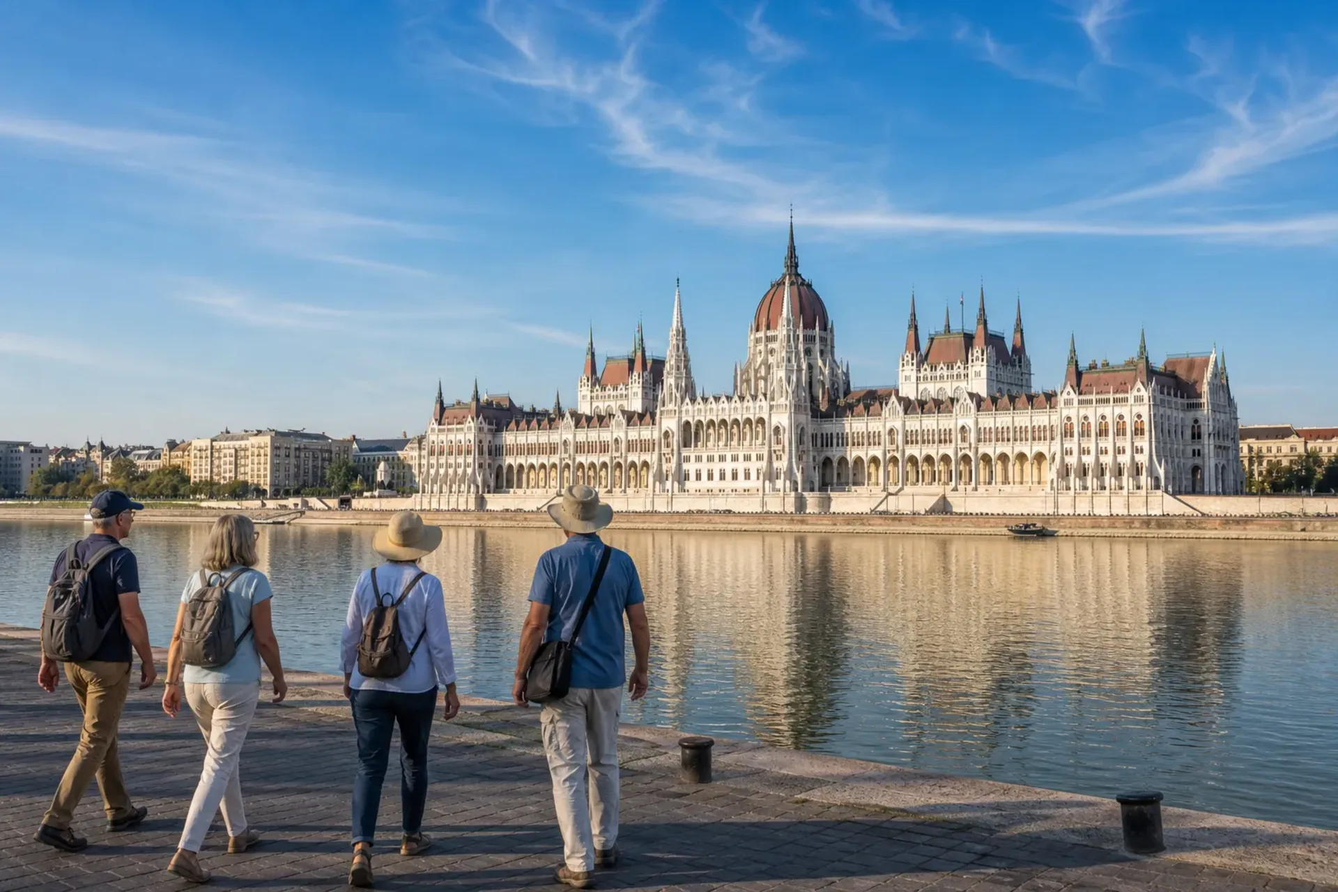 Hungary-A group of travellers visiting the Budapest Parliament building during a Danube Delights tour.