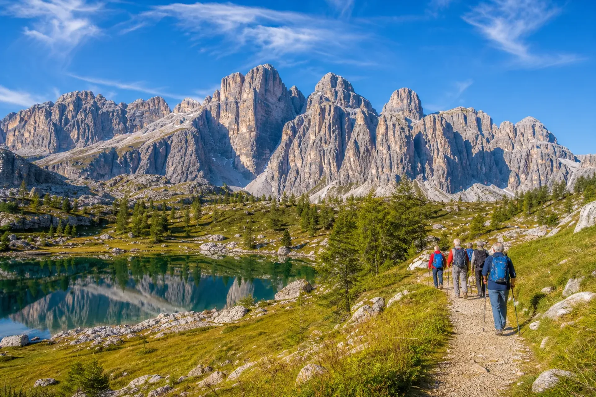 Italy-A group of walkers on a guided Italian Dolomites walking holiday with jagged mountain peaks and a blue lake in the background.