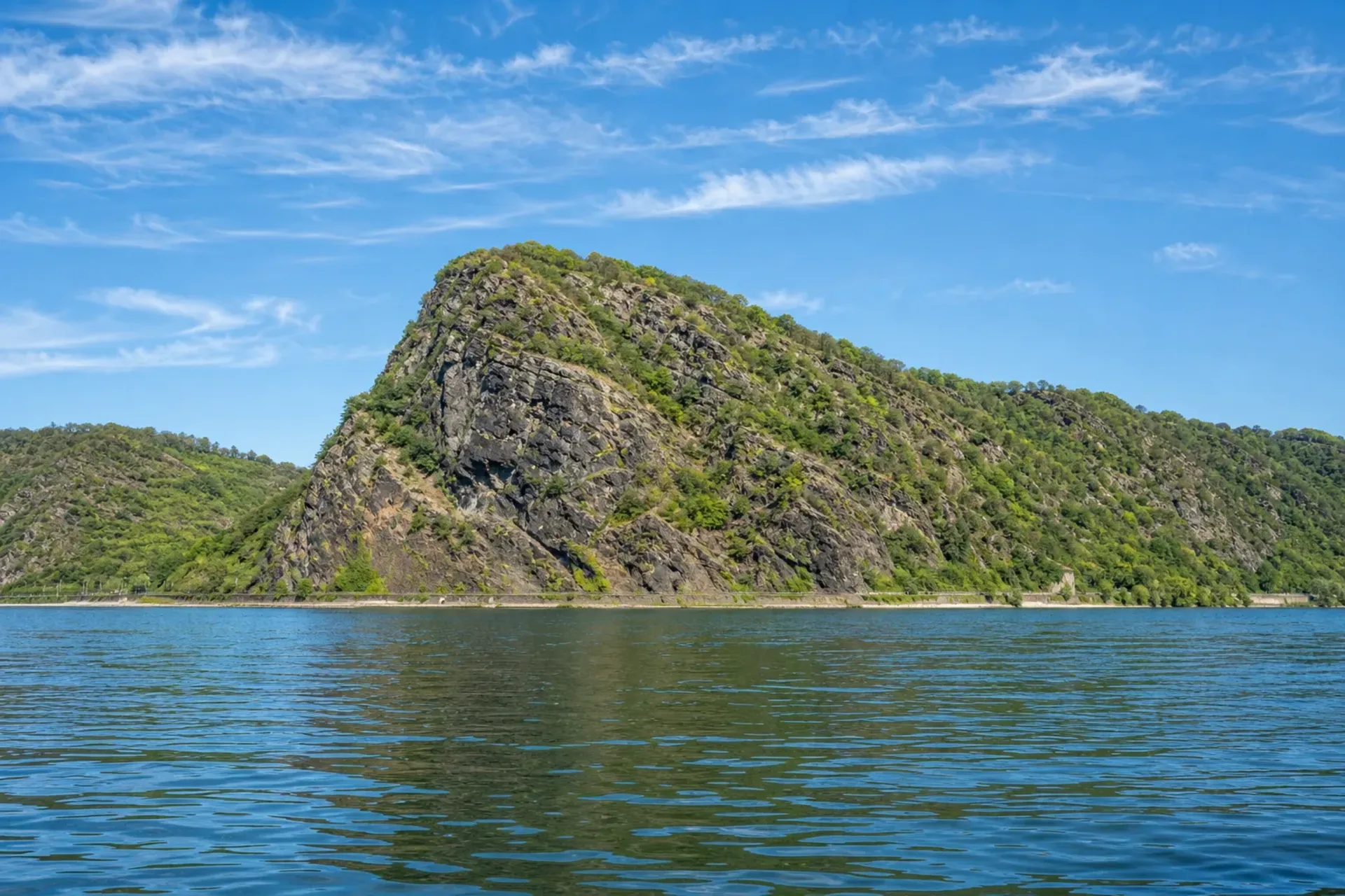 Germany-Scenic view of the Rhine river cliffs during a Jazz on the Rhine cruise.