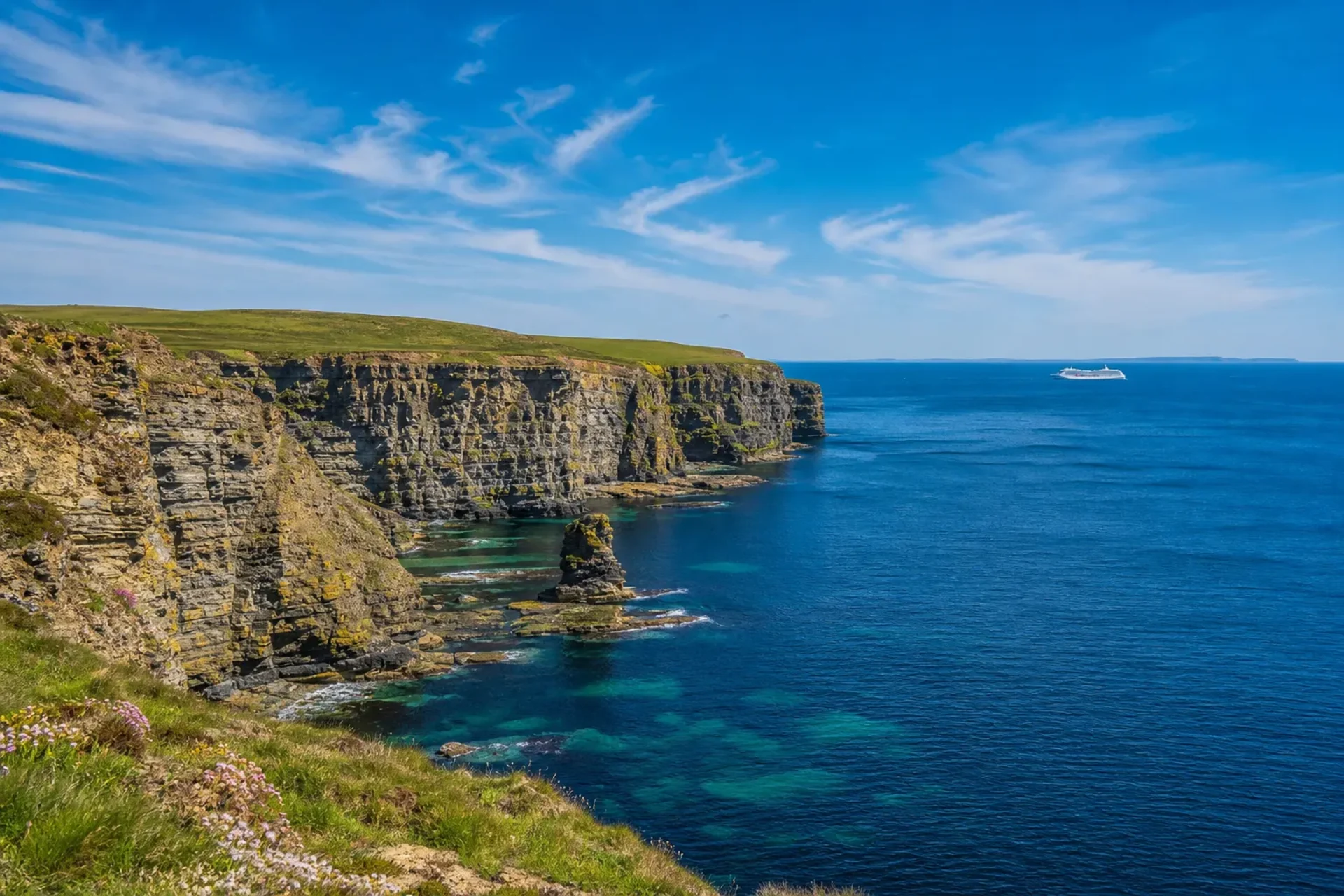 Scotland-A passenger cruise ship on the horizon near the Kirkwall Scottish Highlands coastline.