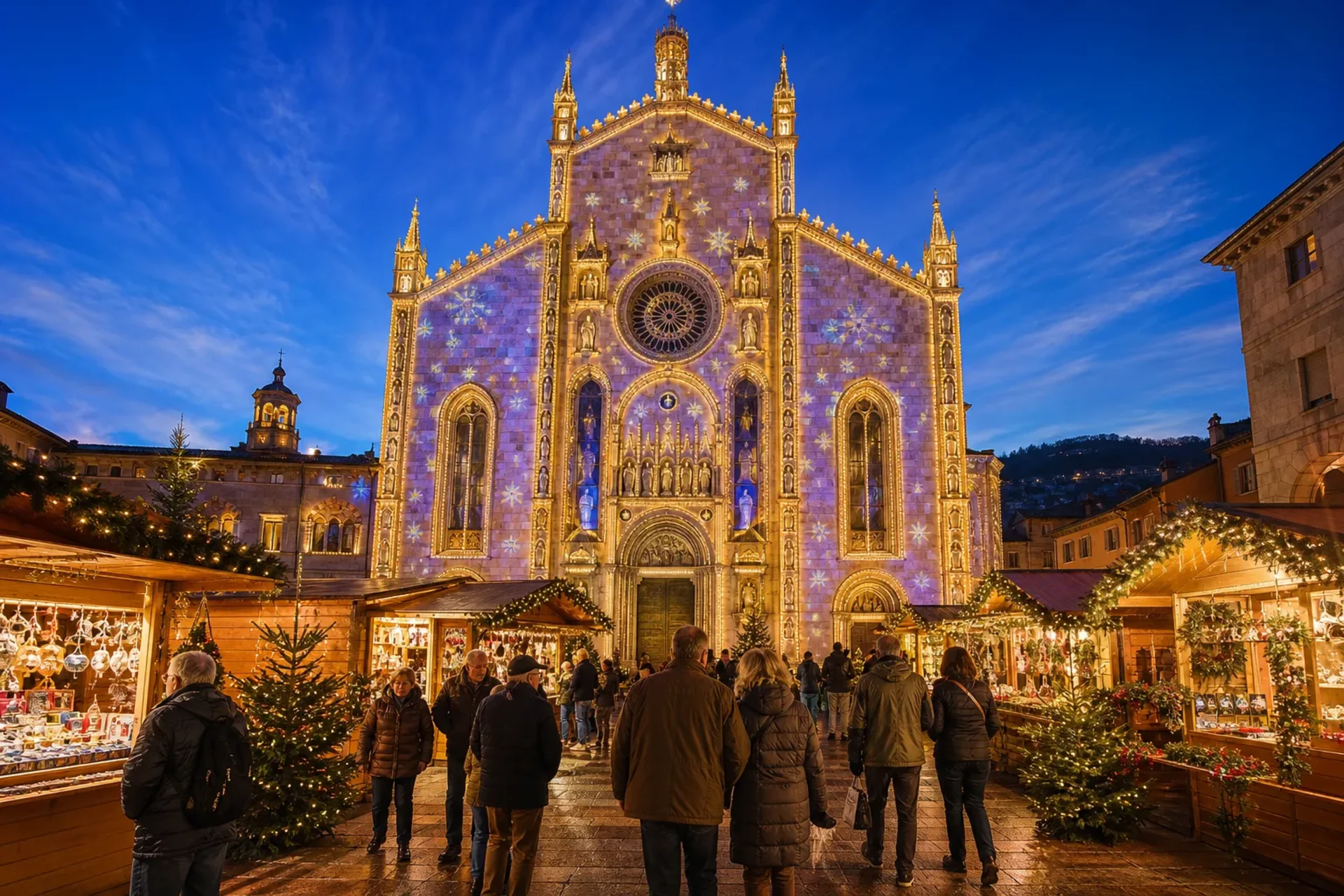 Italy-The illuminated Gothic facade of Como Cathedral during the Lake Como Christmas Markets at night.