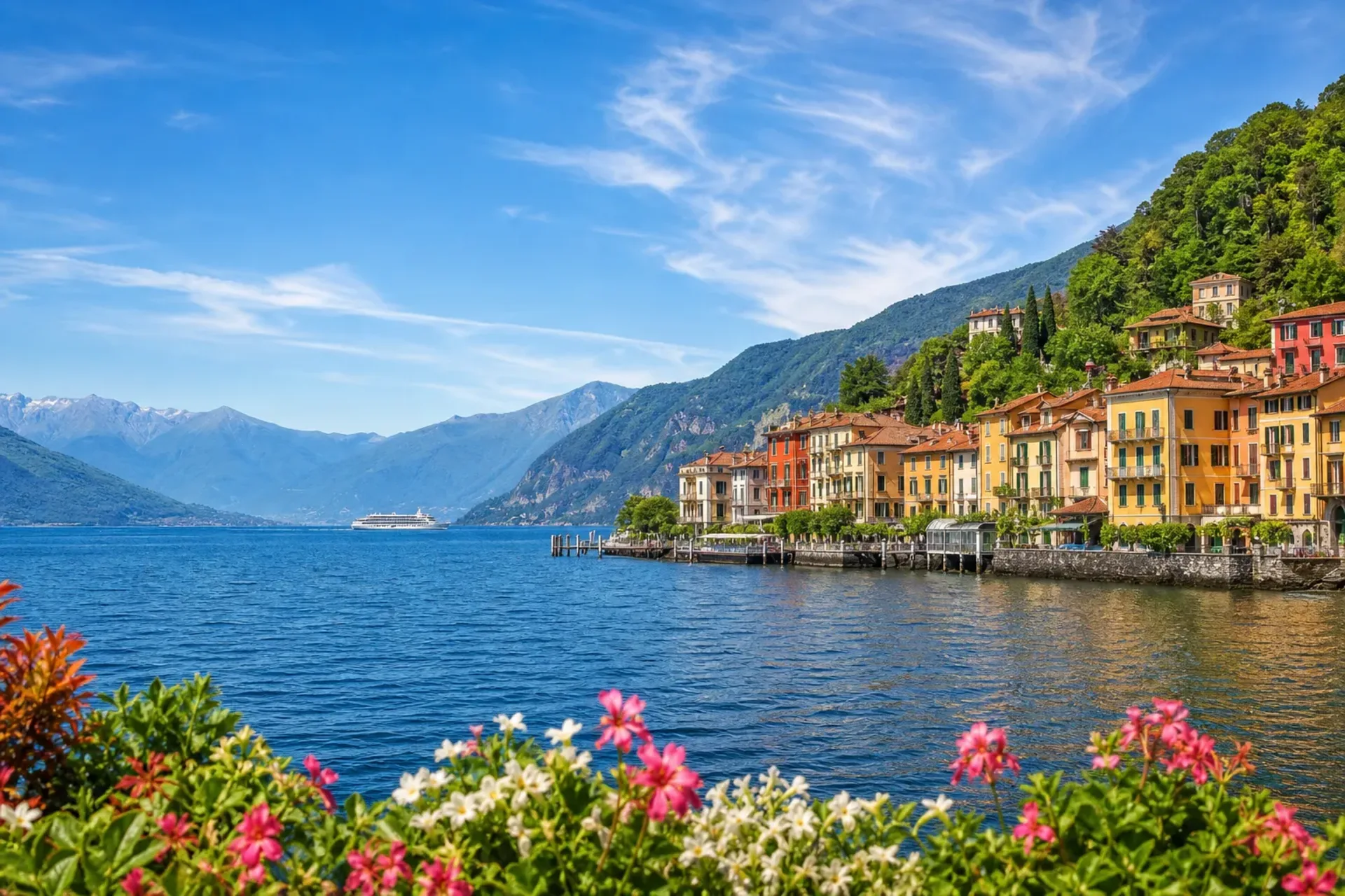 Italy-A sun-drenched view of the Lake Como waterfront during a Lake Como Milan tour.