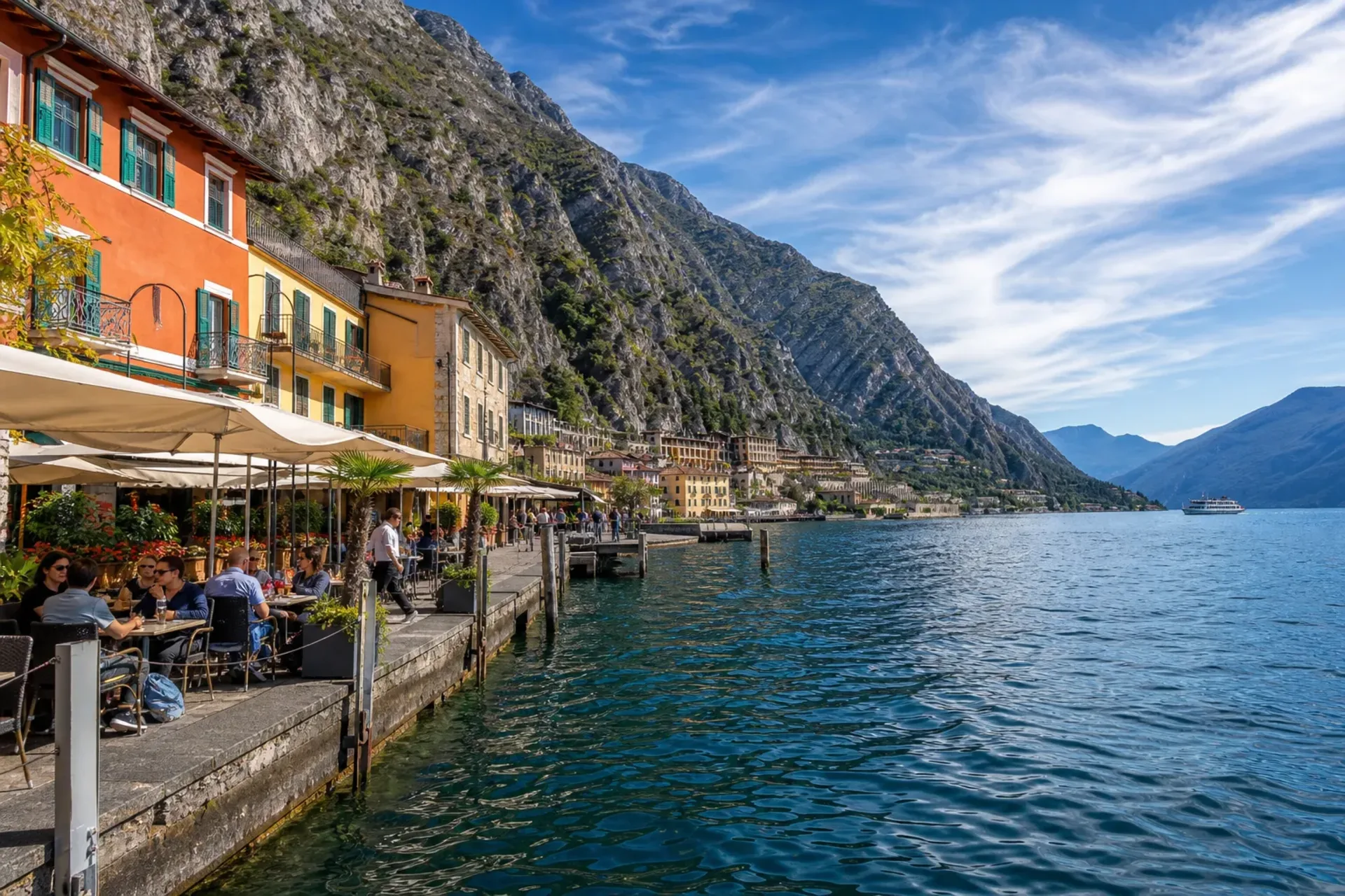 Italy-A sun-drenched view of the Limone waterfront on a Lake Garda Venice tour.