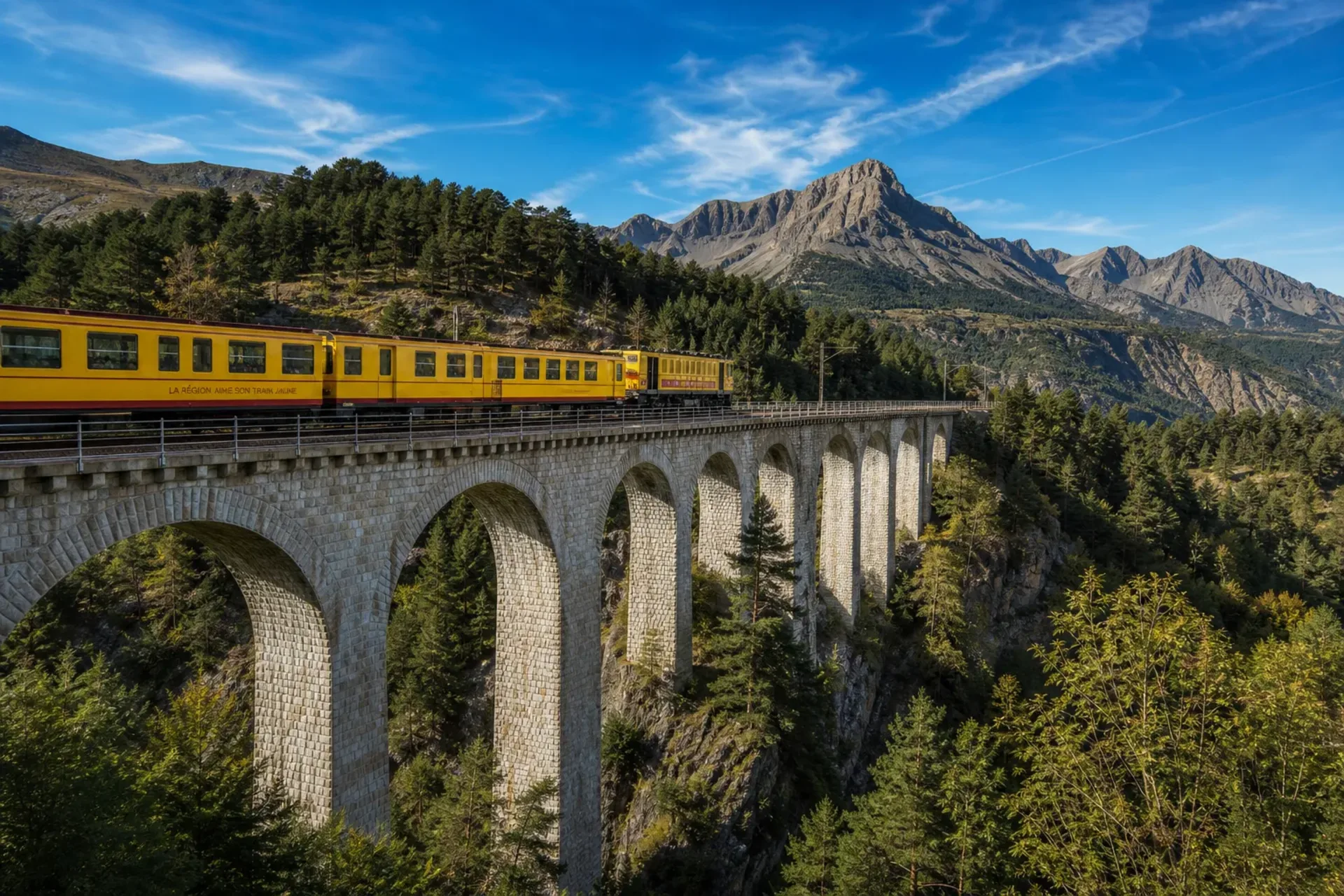 Spain-A historic yellow train crossing a scenic mountain viaduct on the Little Trains of the Pyrenees tour.