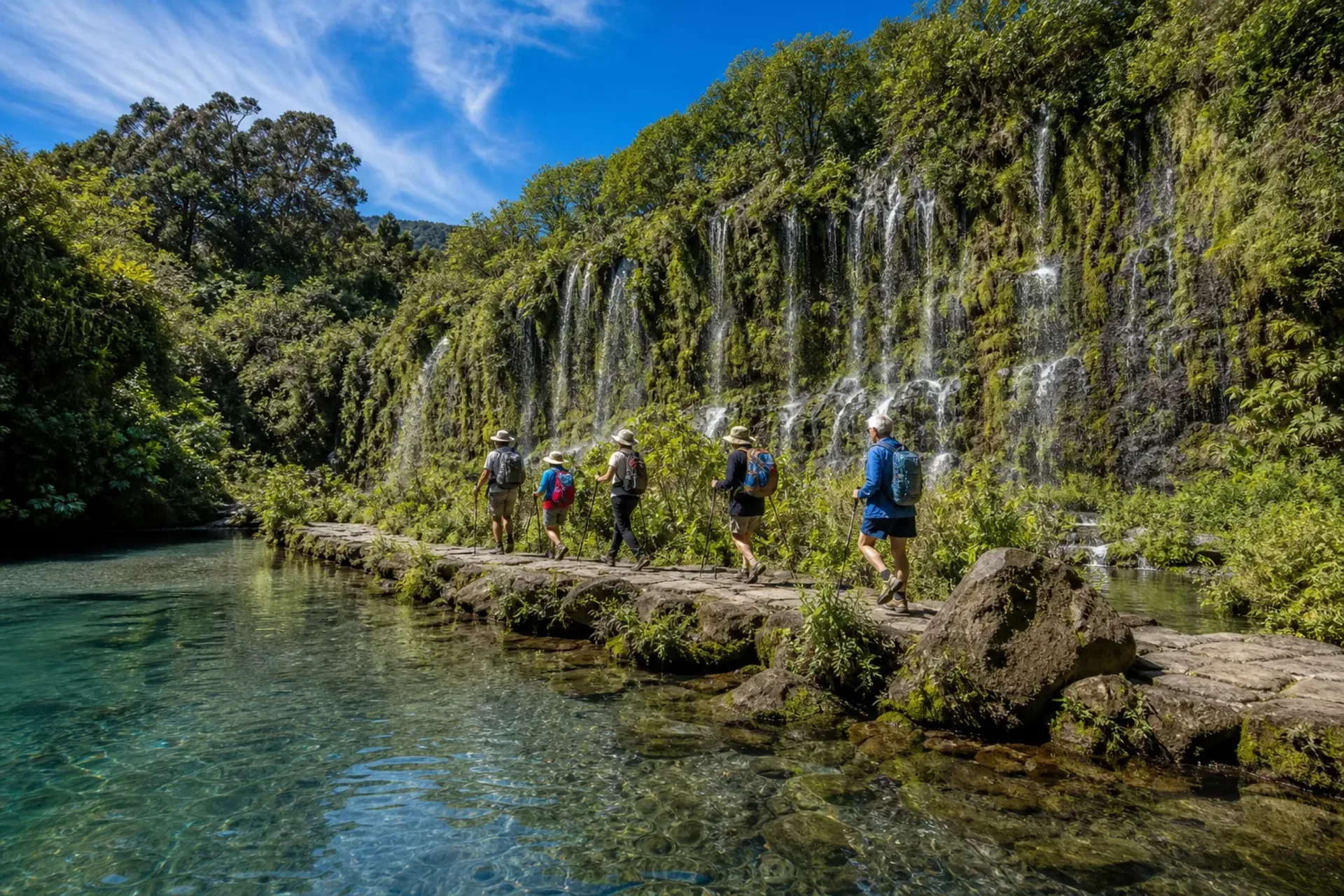 Portugal-A group of hikers exploring the waterfalls at the 25 Fountains Lagoon on a Madeira walking holiday.