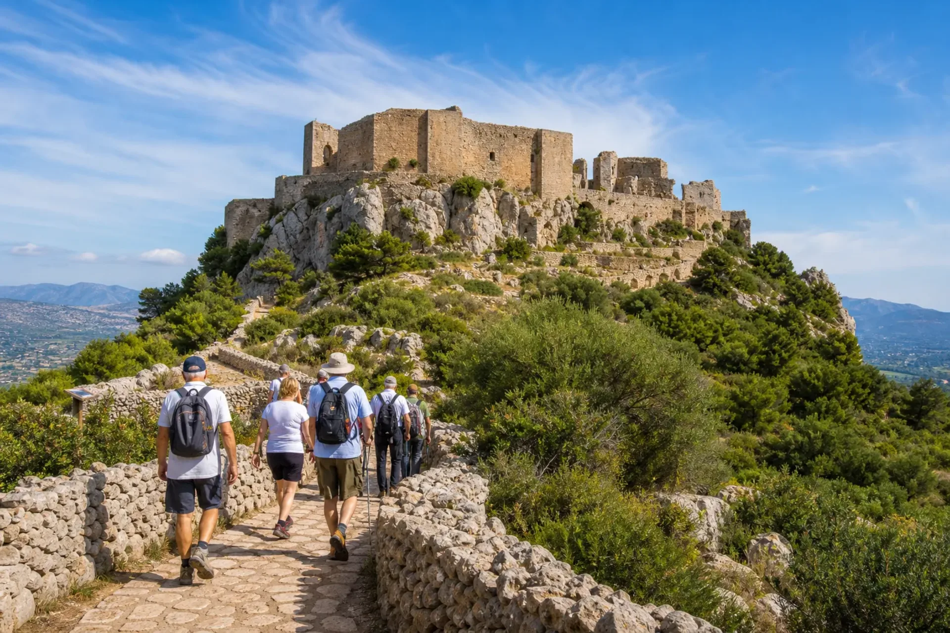 Spain-A group of hikers exploring the Tramuntana mountains on a Mallorca walking holiday.