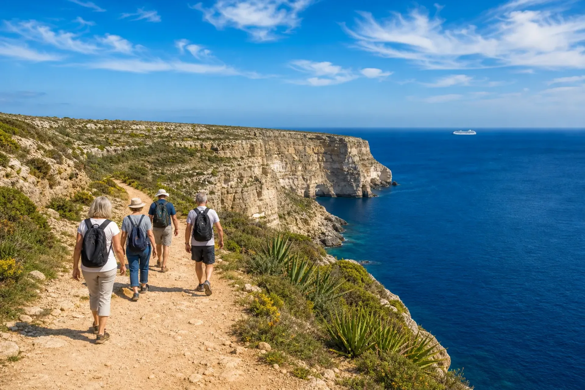 Malta-Travellers enjoying a scenic trail on a Malta and Gozo walking holiday along the Mediterranean coast.