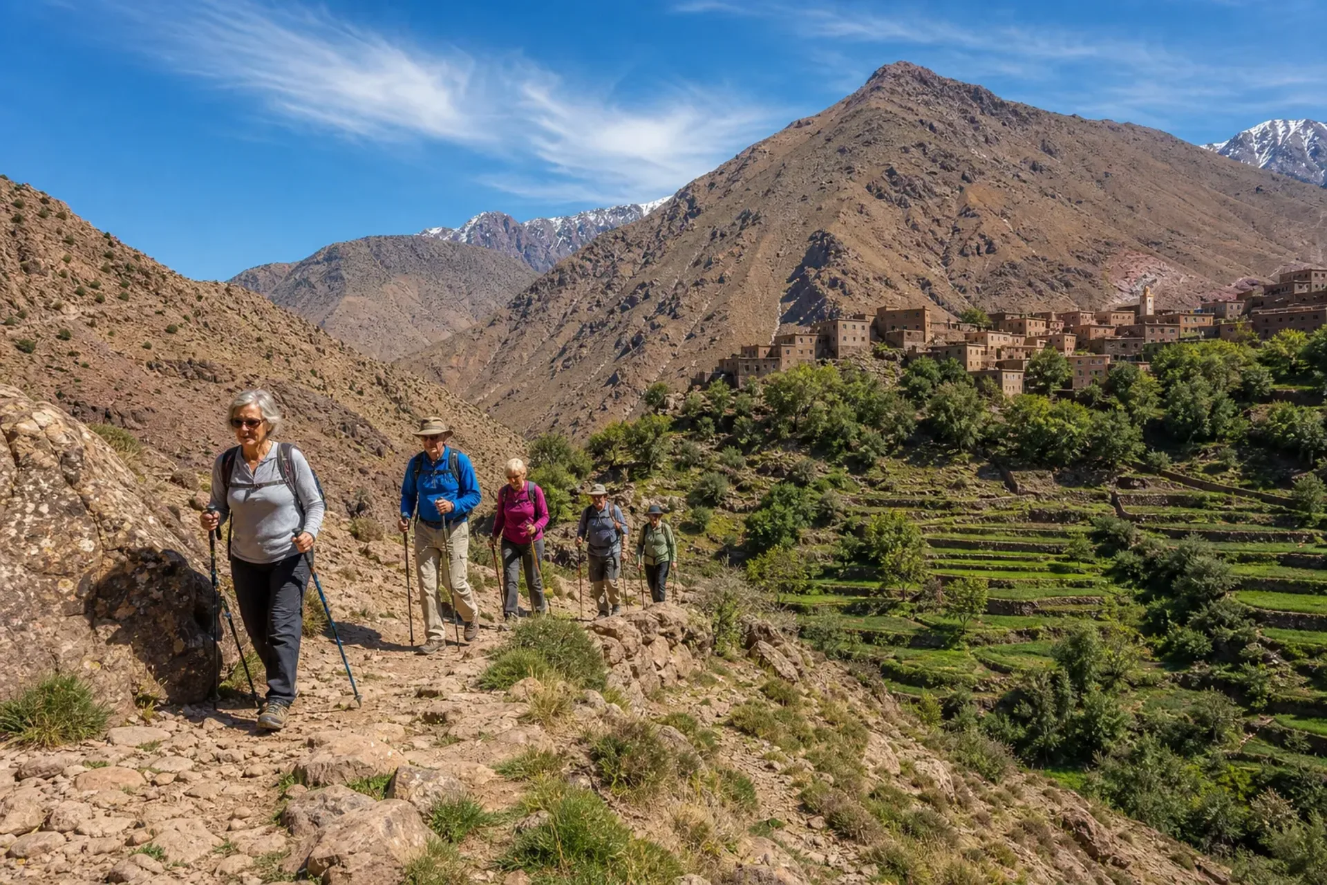 Morocco-Active travellers trekking through the Atlas Mountains on a Morocco walking holiday.