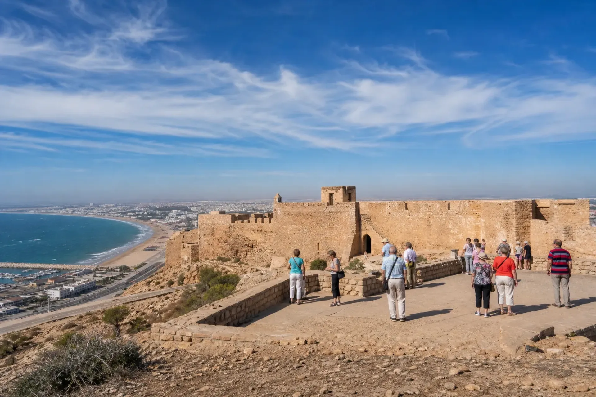 Morocco-A group participating in a Morocco wellness yoga retreat at the Agadir Kasbah overlooking the coast.