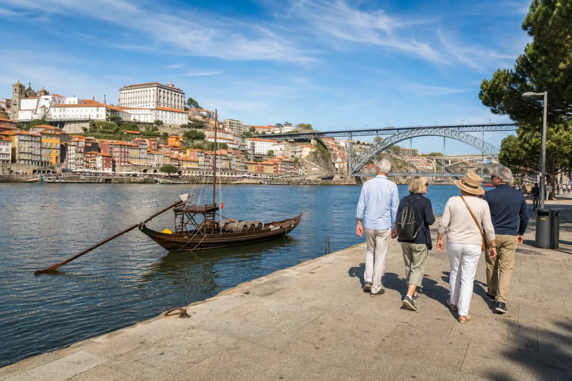Portugal and Spain-A sunny afternoon view of the Ribeira district in Porto during a Porto and Santiago tour.