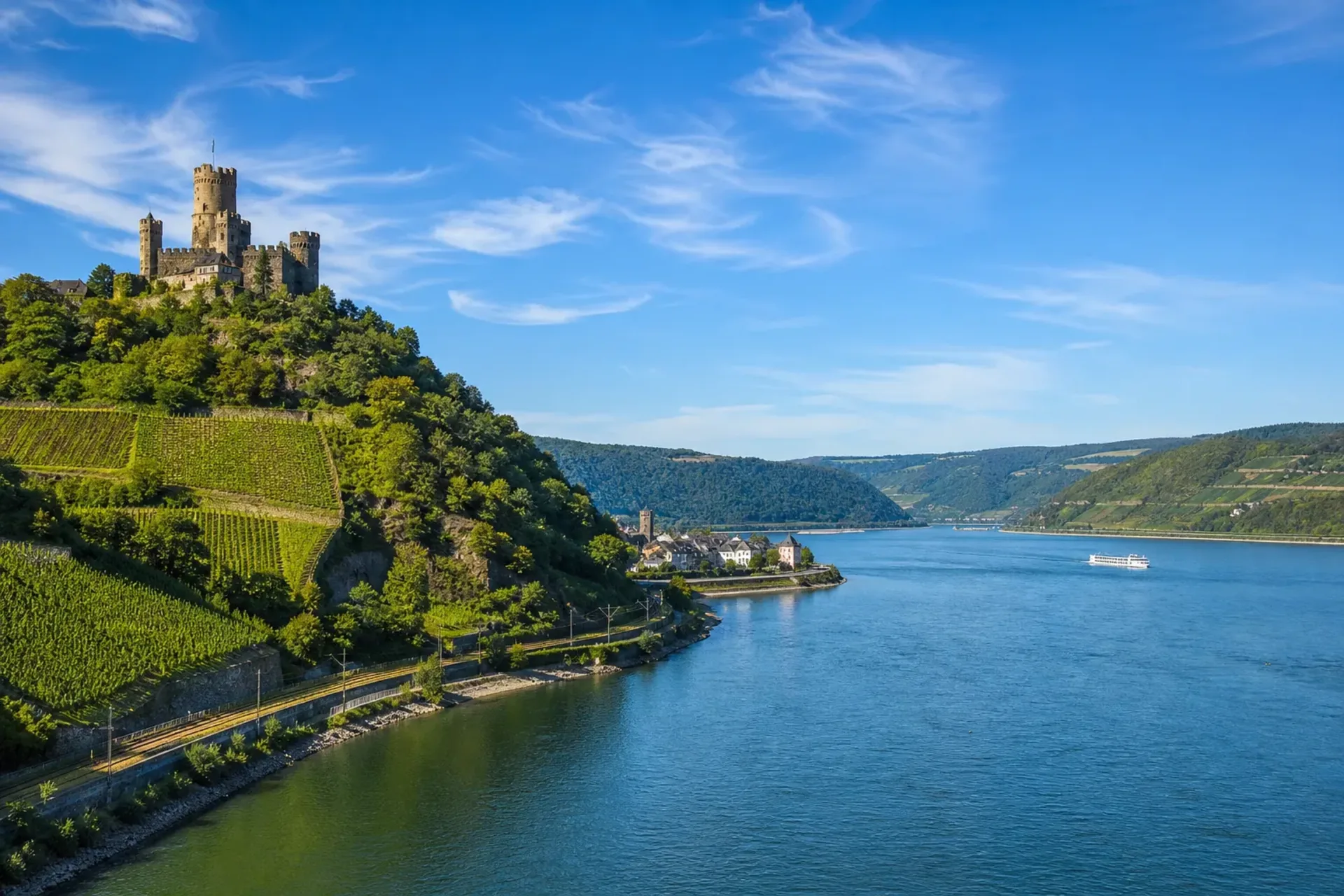 Germany-A sun-drenched view of the German Rhine valley with vineyards and a distant ship, perfect for a Rhine short greeting cruise.