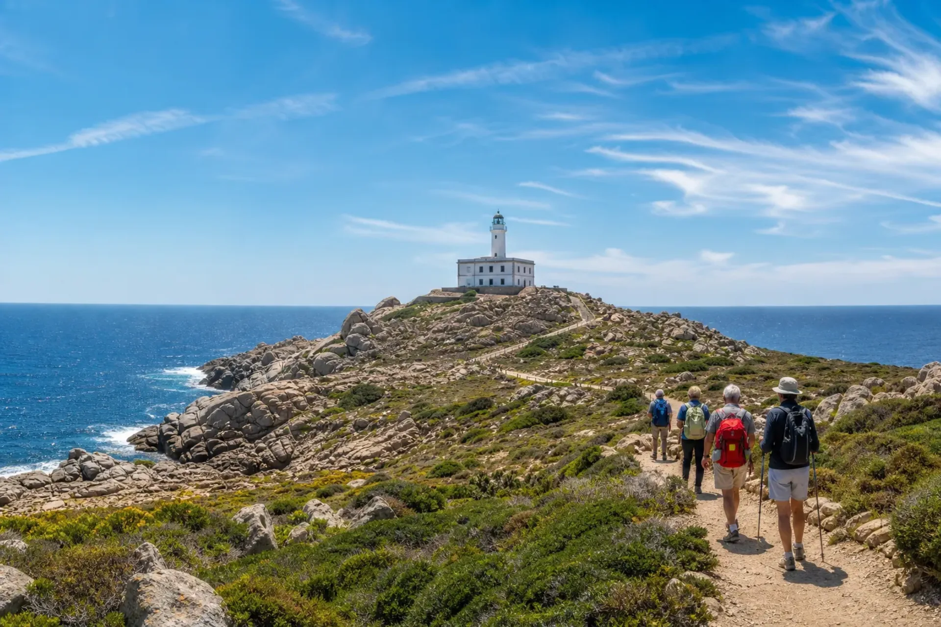 Italy-A sunny coastal trail leading to the Capo Testa Lighthouse on a Sardinia walking holiday.
