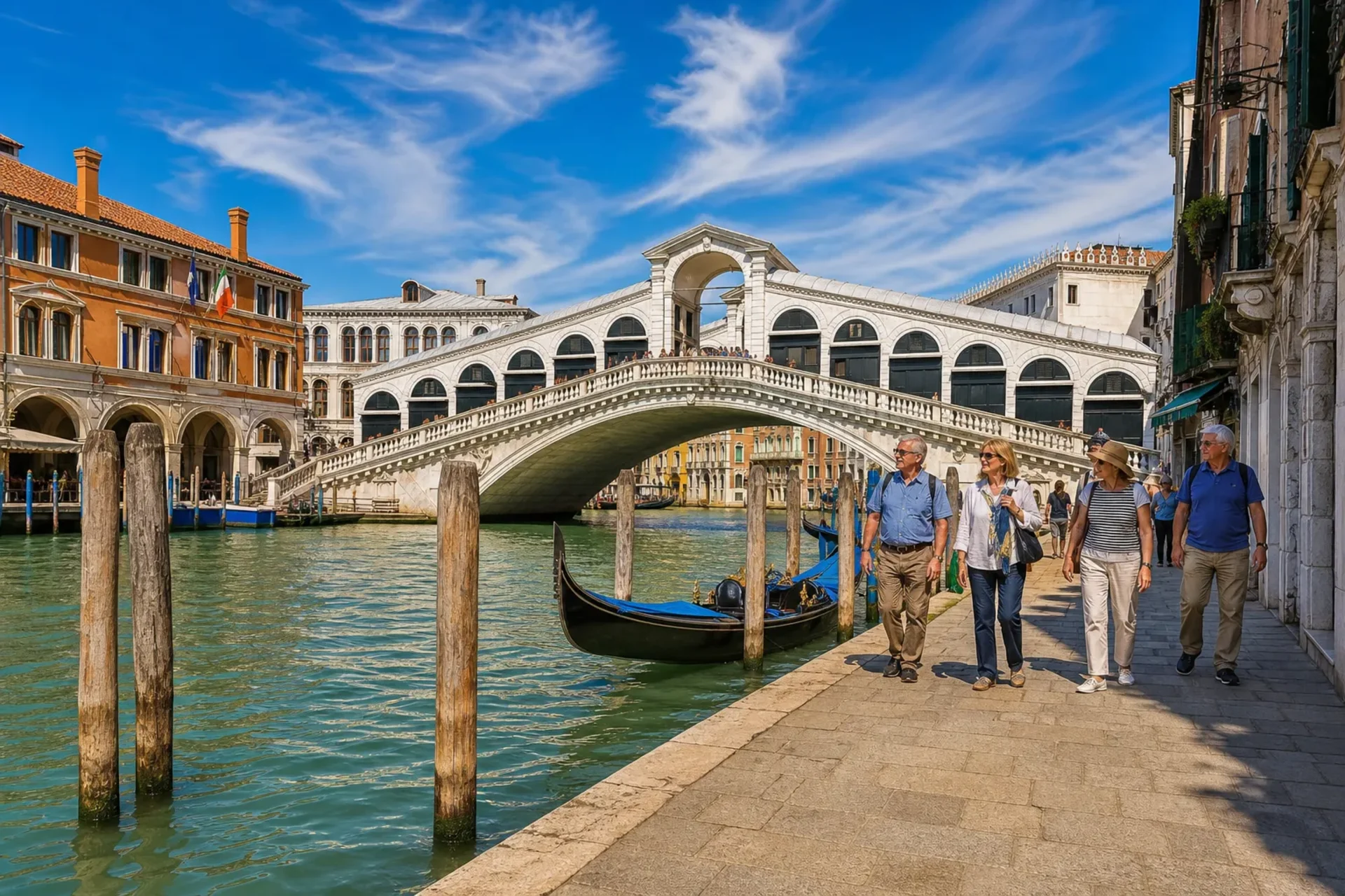 Italy-A sun-drenched view of the Rialto Bridge in Italy during a Venice Madama Butterfly opera break.
