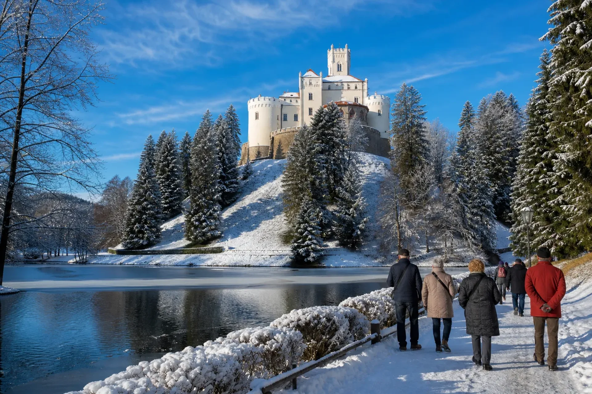 Croatia-The beautiful Trakošćan Castle in the snow during a guided tour of the Zagreb Christmas Markets.