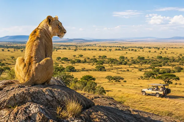 A lioness on a rocky outcrop in the Serengeti, Tanzania, representing our guided African safari escorted tours.