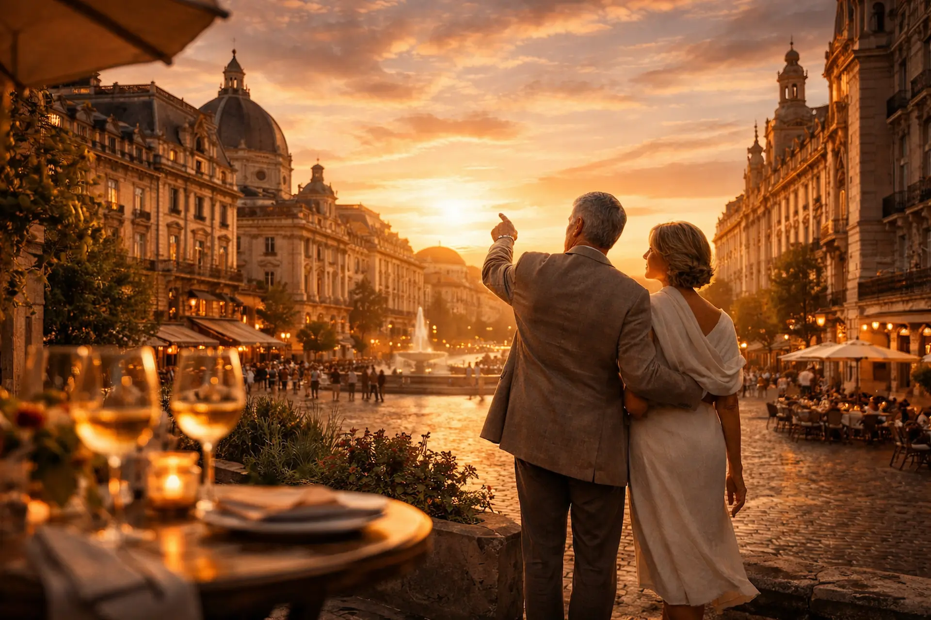 An elegant couple enjoying a beautiful sunset over a historic European city square while on a luxury escorted tour with Travel Escapes.