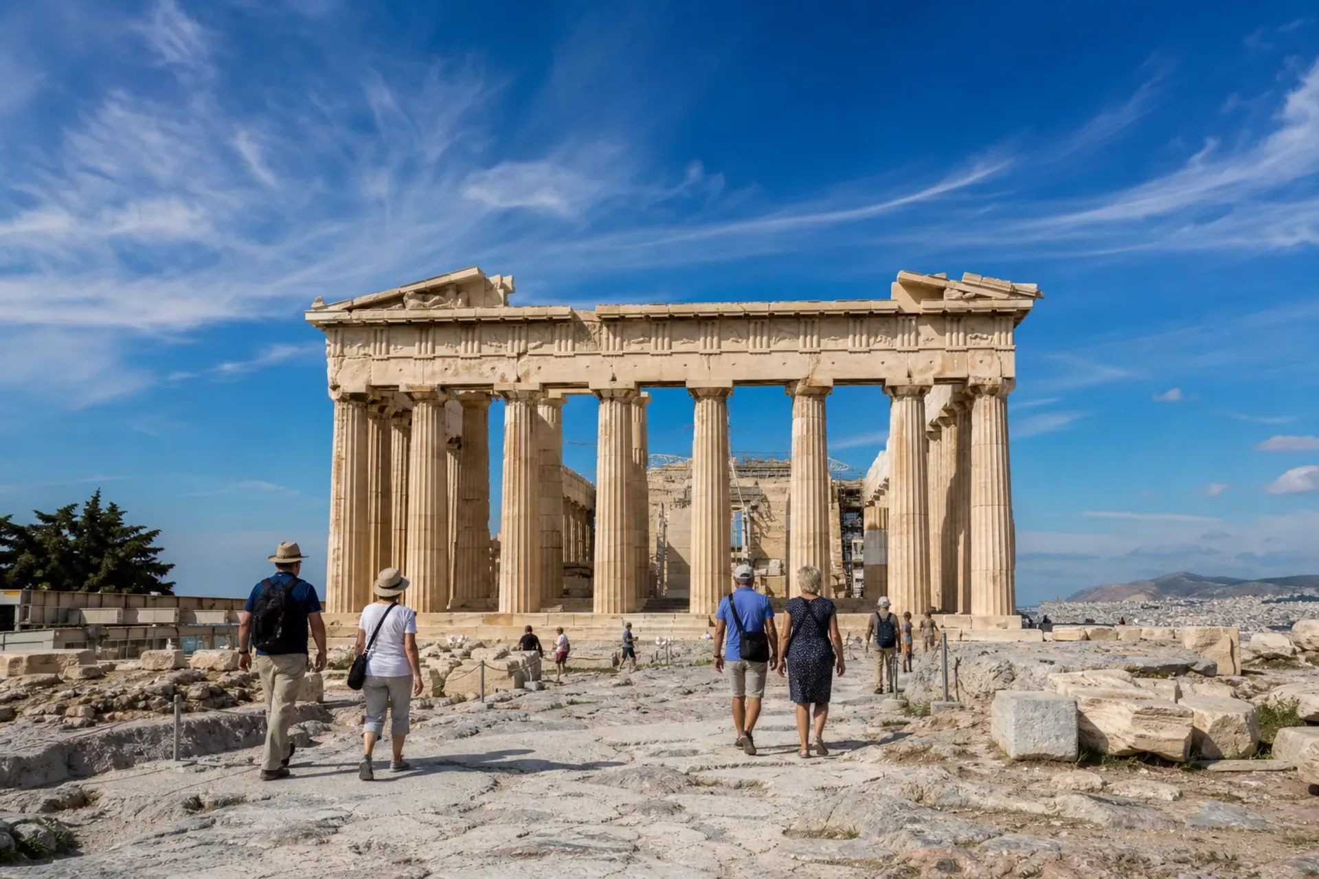 Greece-Irish holidaymakers exploring the ancient Parthenon temple in Athens during an Ancient Greece tour.