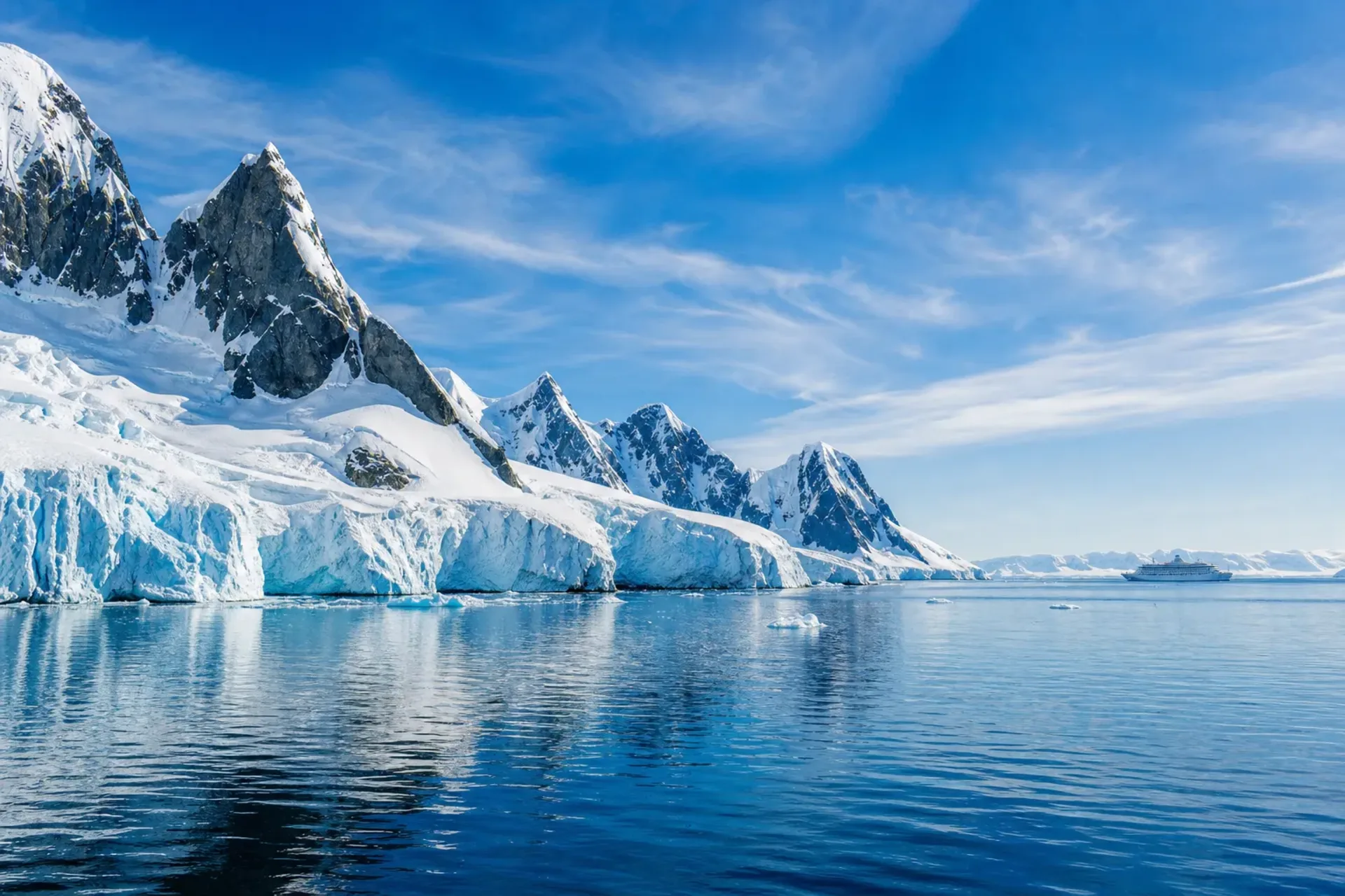 Antarctica-A breathtaking view of glaciers and mountains on an Antarctica cruise holiday.