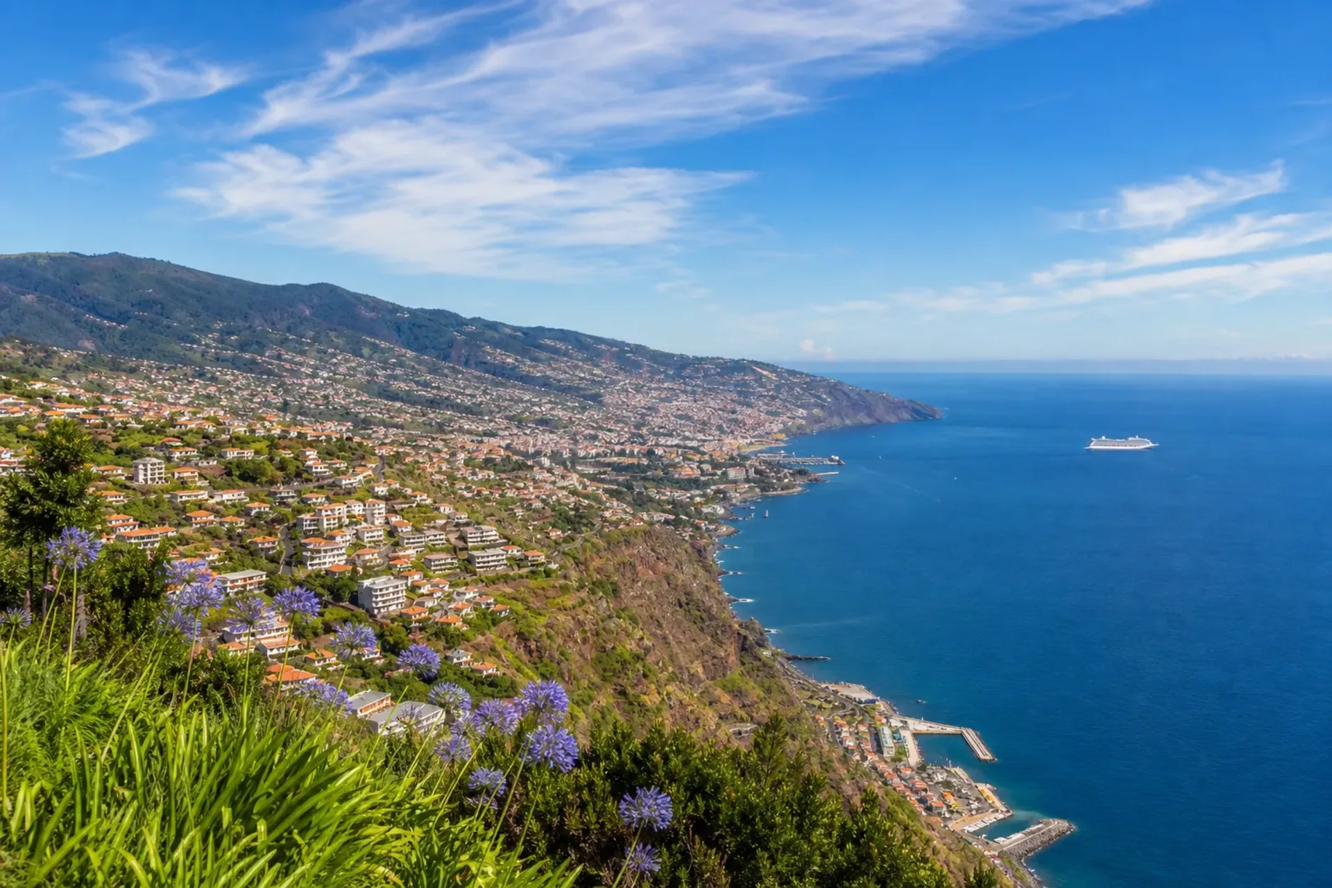 Spain & Portugal-A passenger cruise ship on the horizon of a sunny coastline during a Canary Islands Iberia tour.