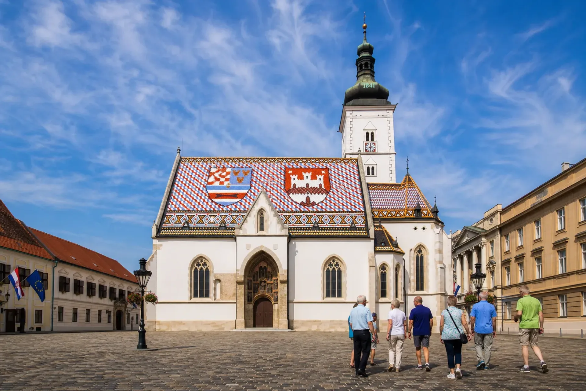 Croatia-Irish holidaymakers enjoying a guided Central Croatia tour at St Mark's Church in Zagreb.