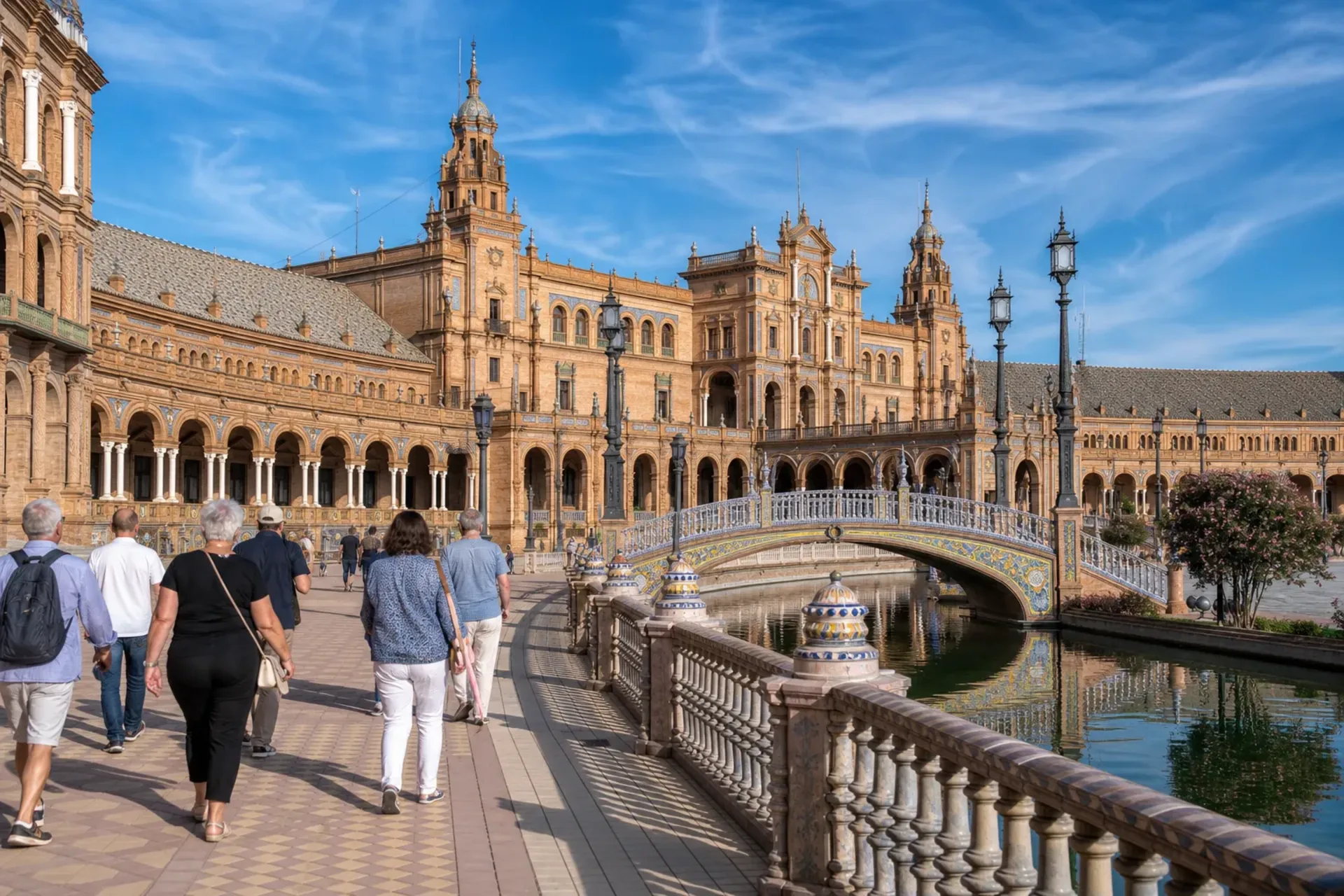 Spain-Holidaymakers from Ireland exploring the Plaza de España during an organised Costa de la Luz tour.
