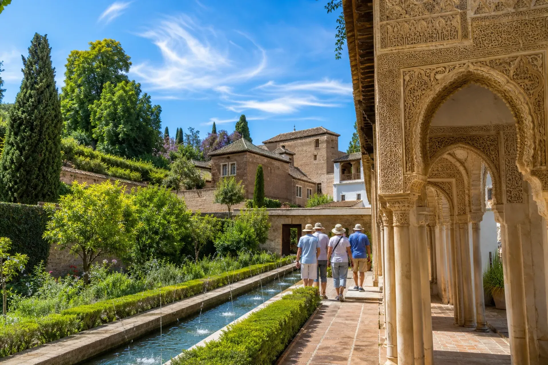 Spain-A beautiful scenic view of the Alhambra gardens in Granada during a Costa del Sol tour.