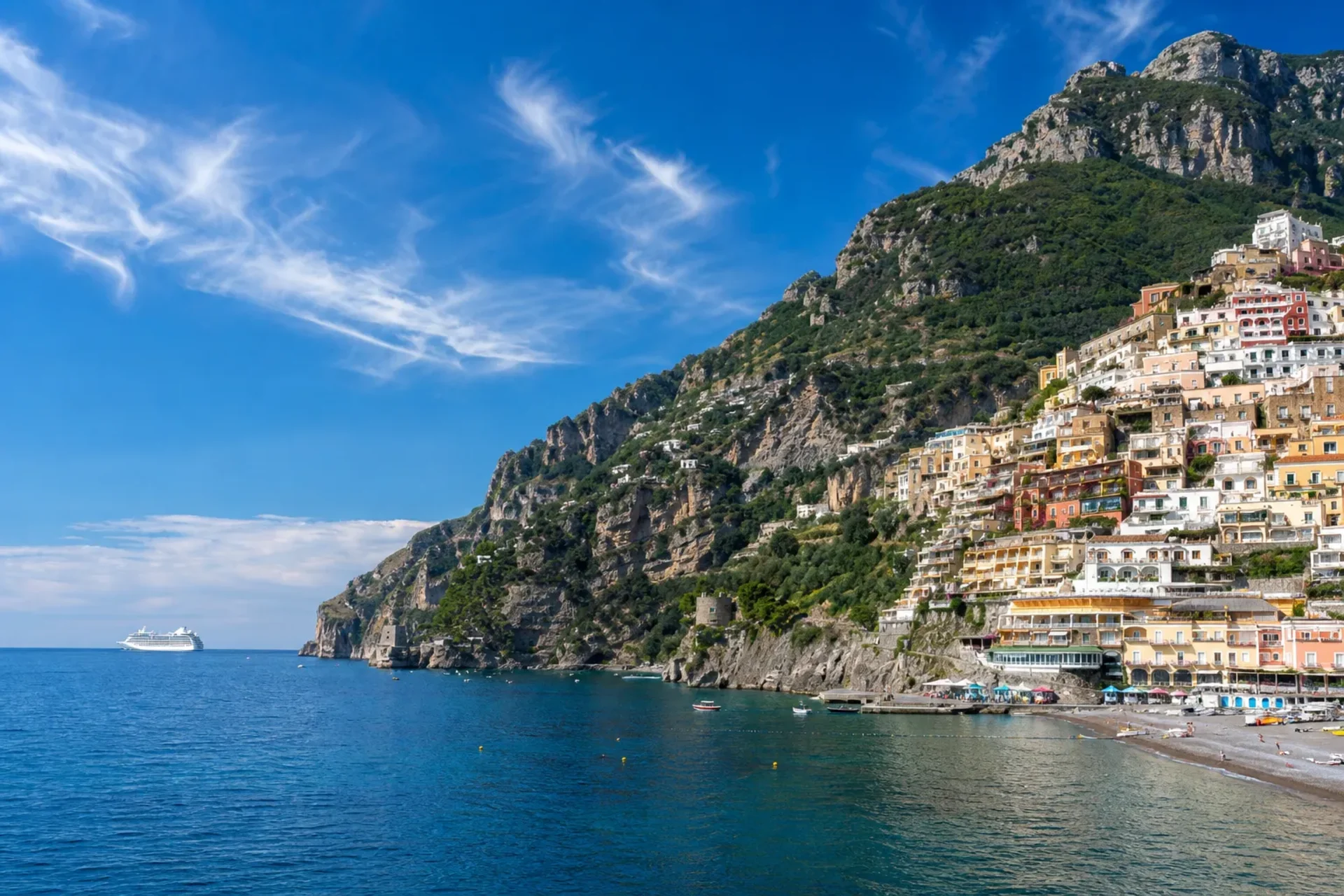 Italy, France, Spain-A sun-drenched view of the Amalfi Coast coastline as seen during an Ibiza Mediterranean cruise.