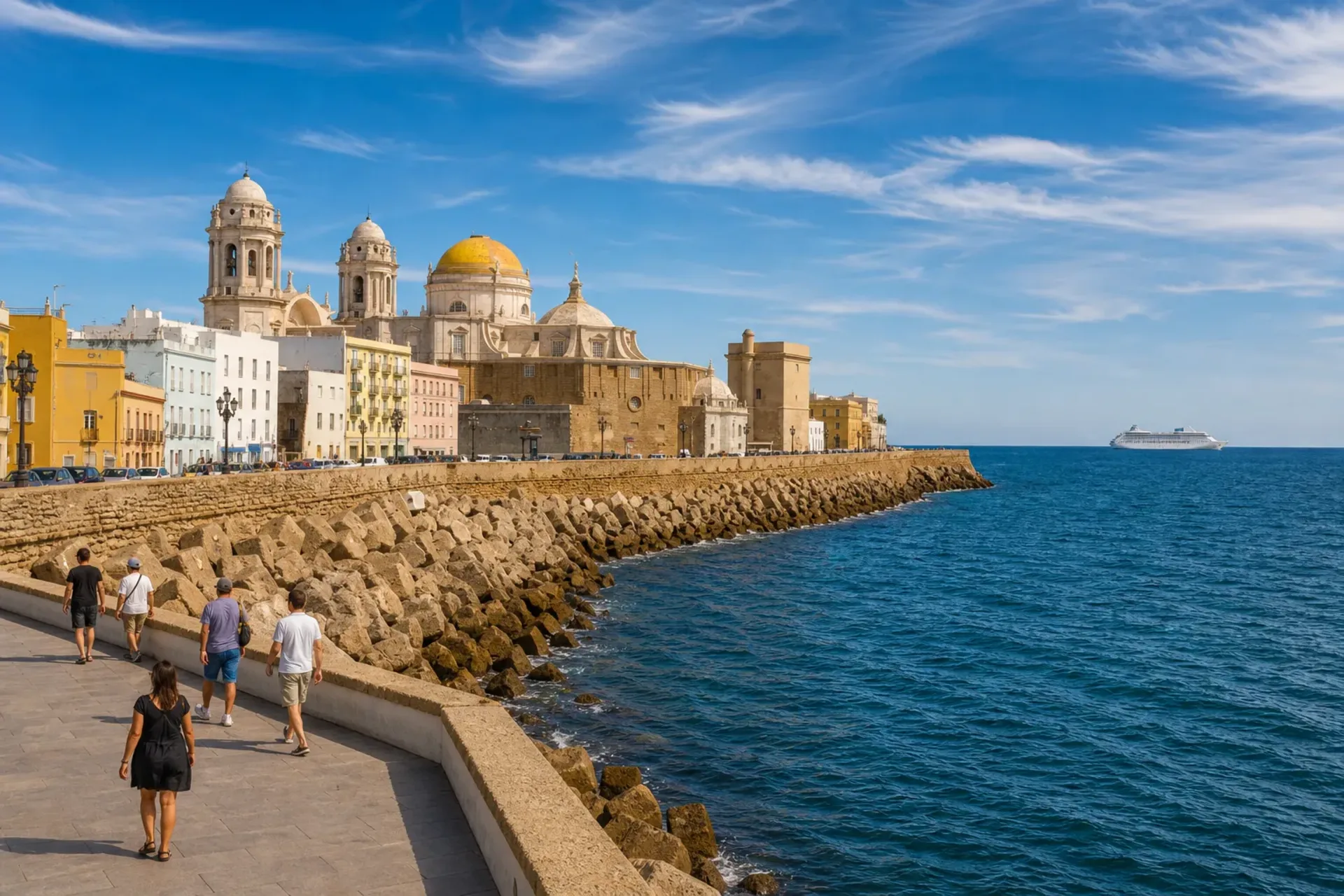 Spain & Portugal-A sun-drenched view of the Cadiz coastline during an Iconic Iberia cruise.