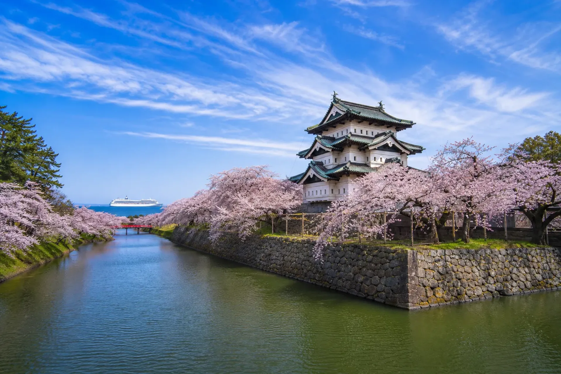 Japan and South Korea-A generic passenger ship on the horizon near a traditional Japanese castle during a Japan and Korea cruise.