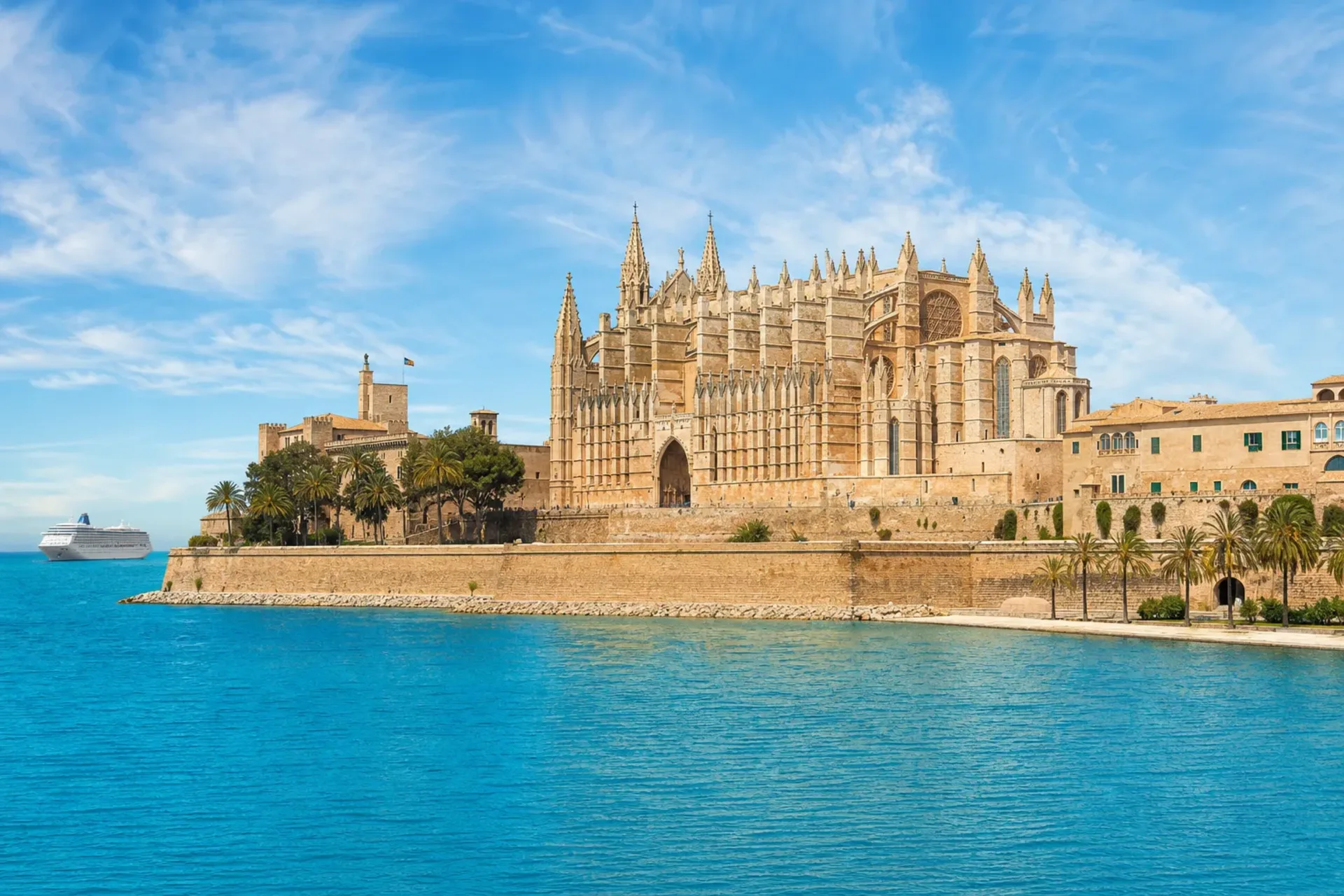 Spain-The sun-drenched coastline of Palma de Mallorca viewed during a Prima Mini cruise Mallorca.