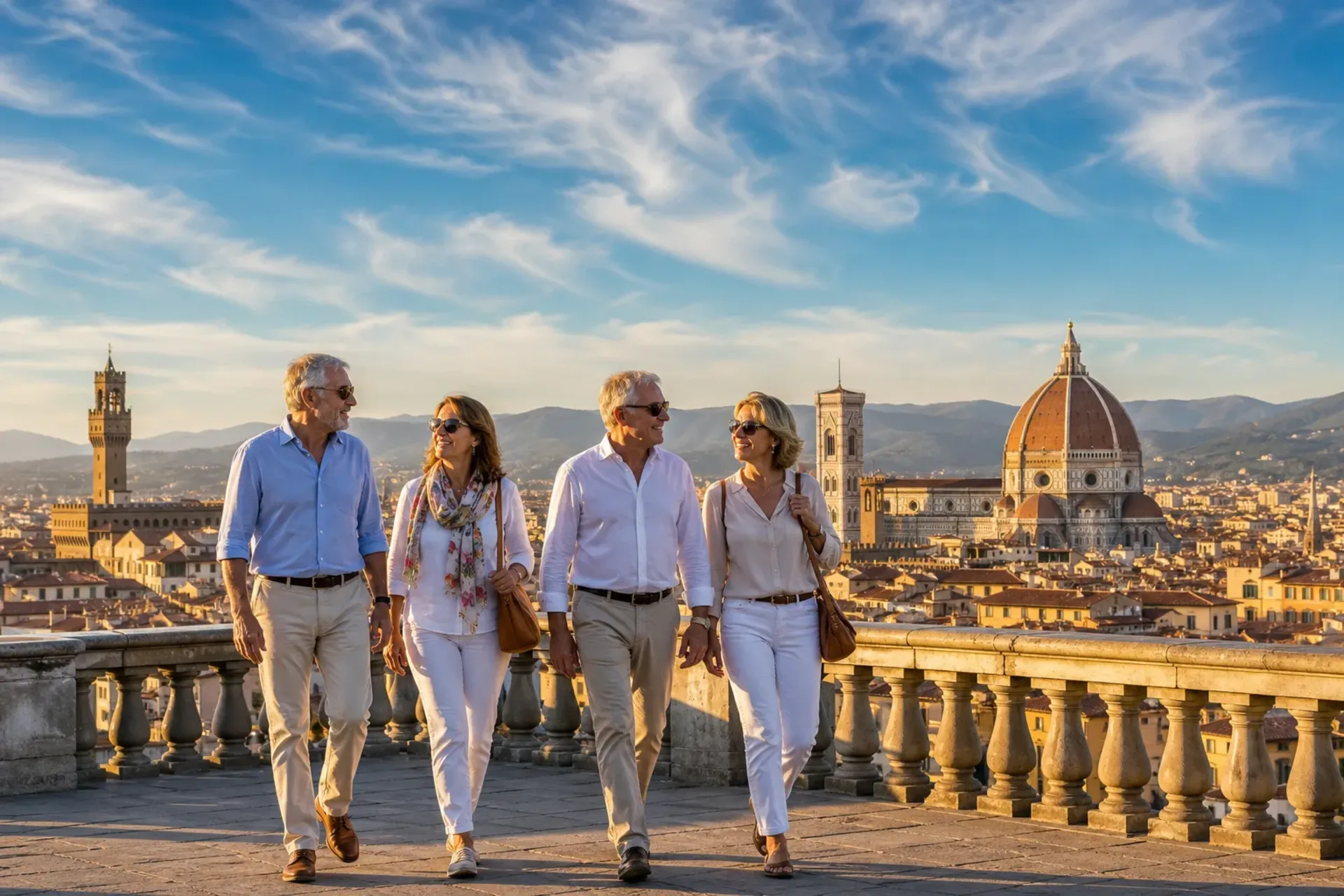 Italy-A group of holidaymakers enjoying a view of the city on a Tuscany Escorted Tour.