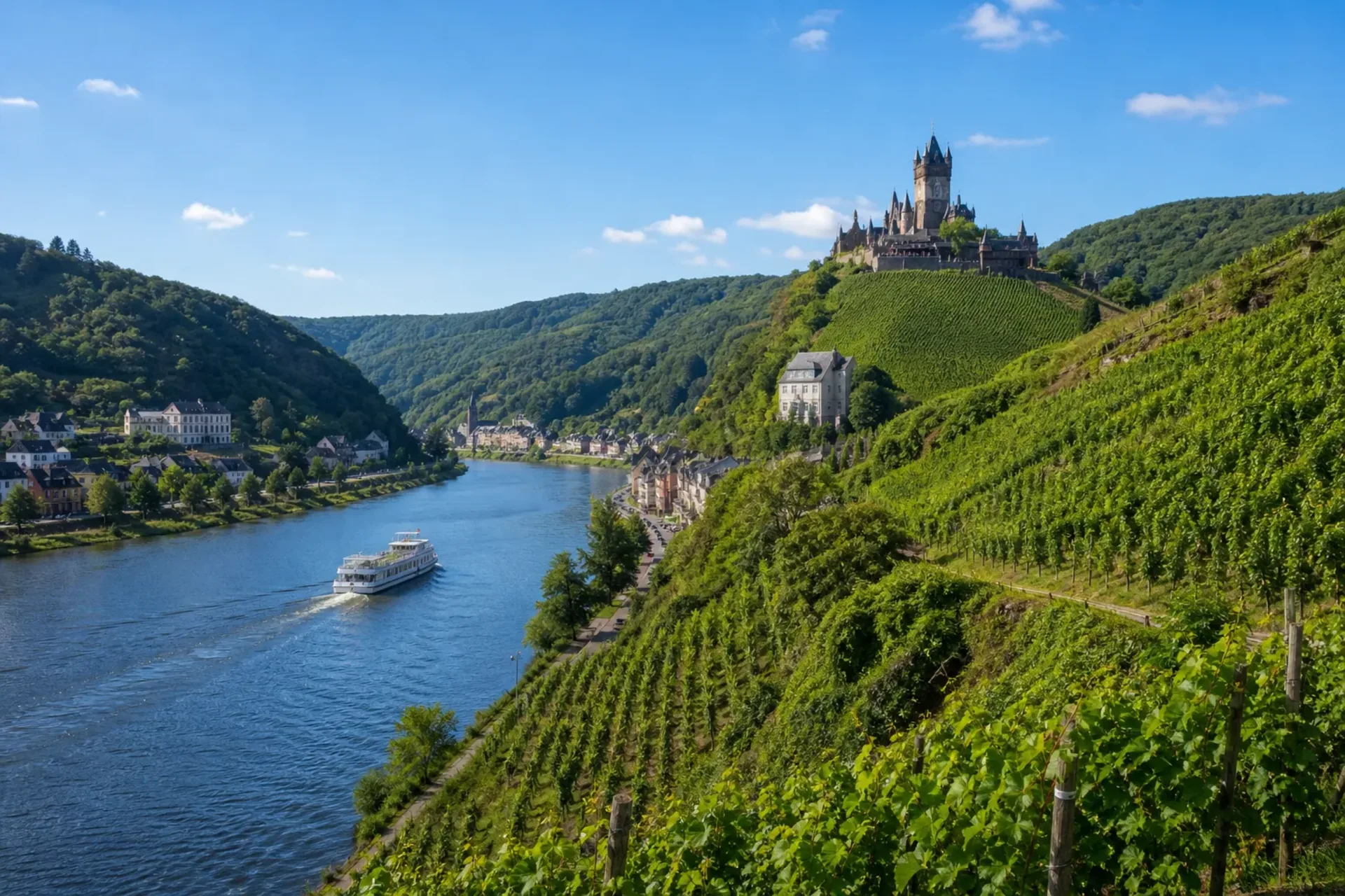 Netherlands, Germany, and Luxembourg-A scenic view of the vineyards and riverbanks during an Amsterdam Moselle river cruise.