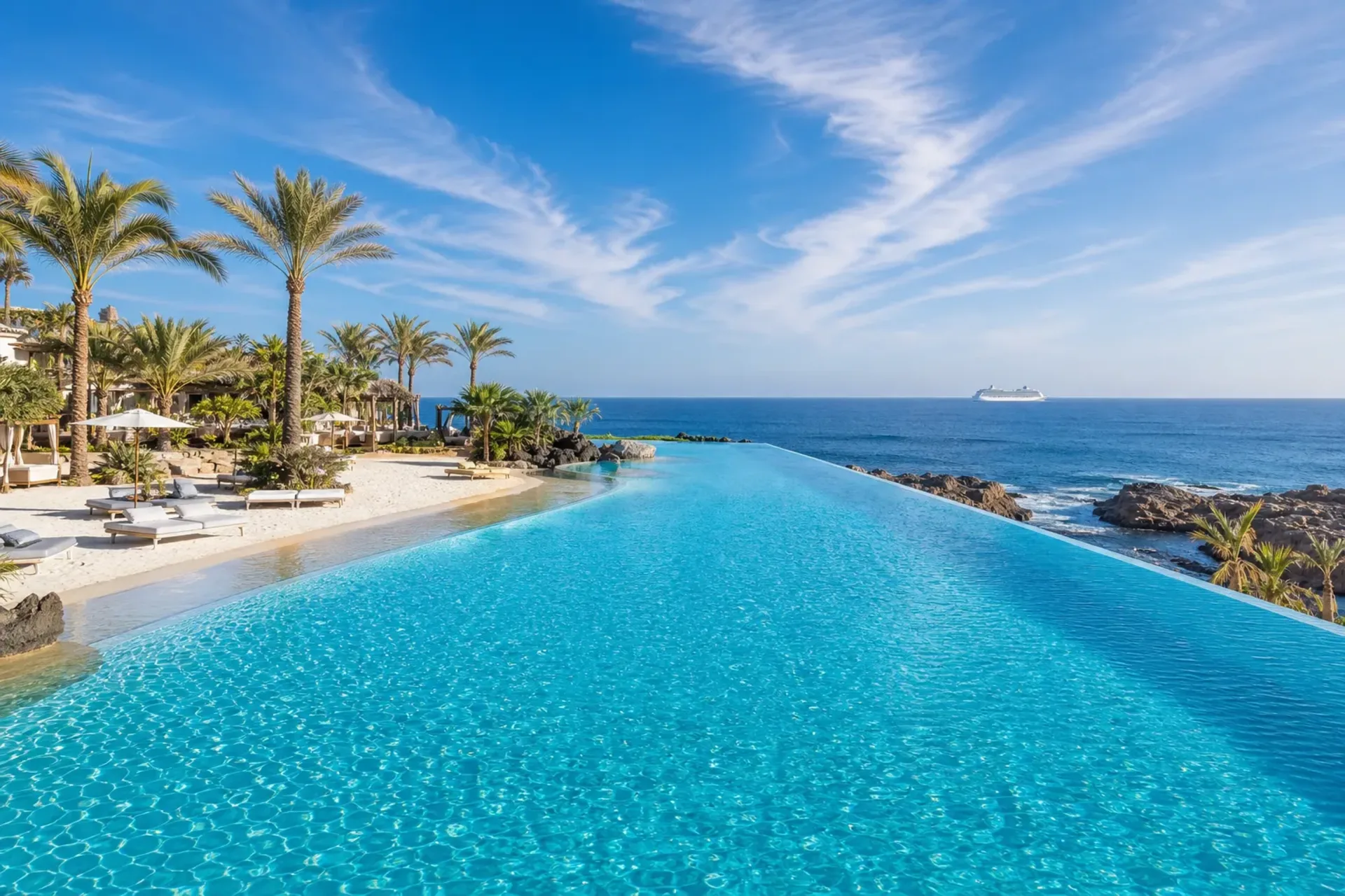 Spain-The massive infinity pool and palm gardens at a resort during a Gran Canaria holiday.