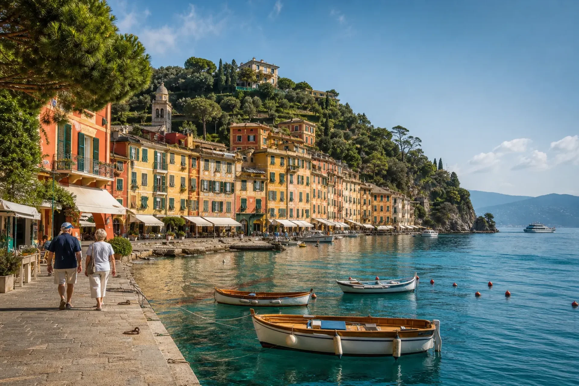 Italy, France, and Spain-The colourful harbour of Portofino on an Italian French Rivieras cruise.