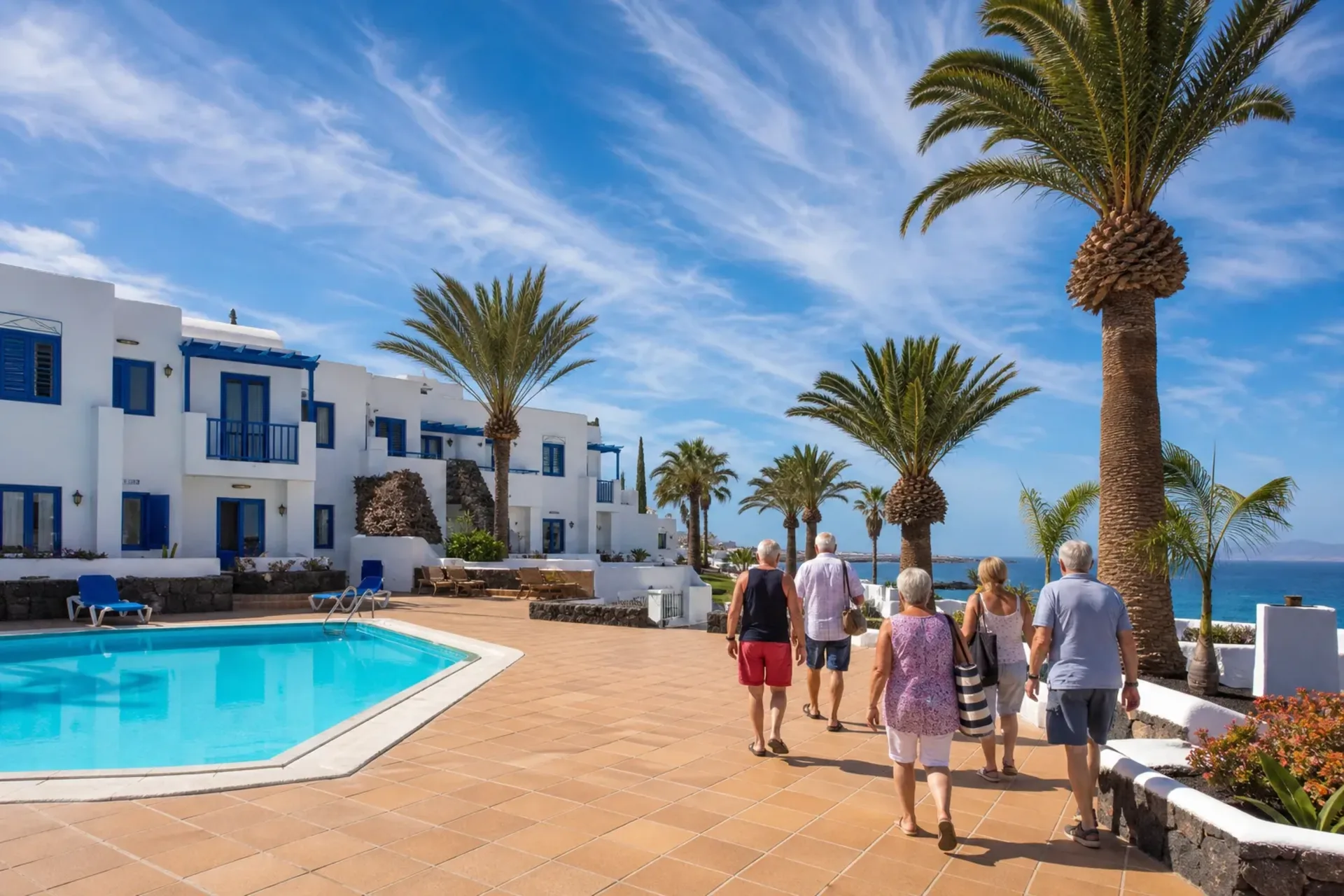 Spain-Sunny swimming pool and white-washed Lanzarote holiday apartments in Puerto del Carmen.