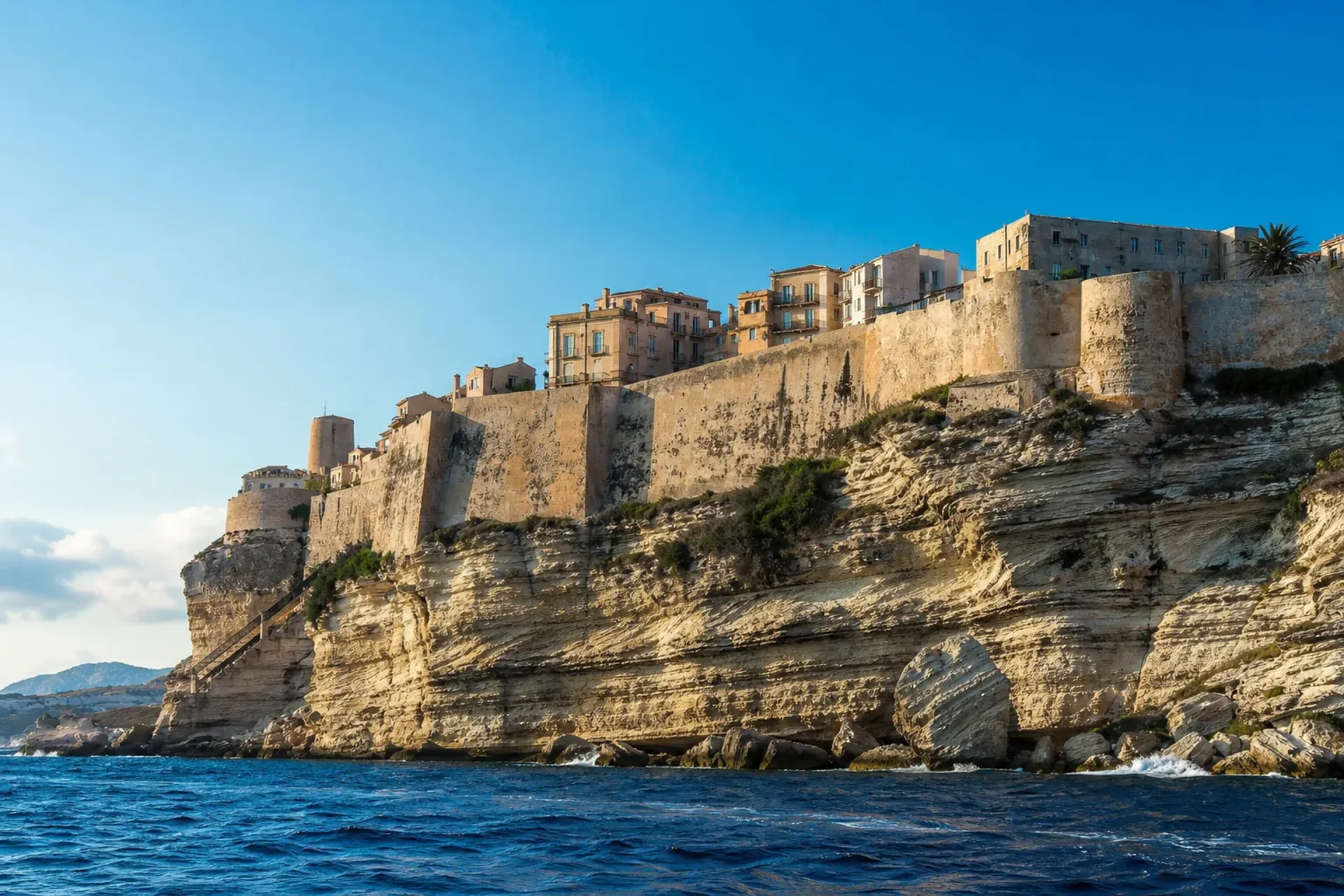 Italy & France-The historic limestone cliffs and citadel of Bonifacio seen during a Sardinia Corsica tour.