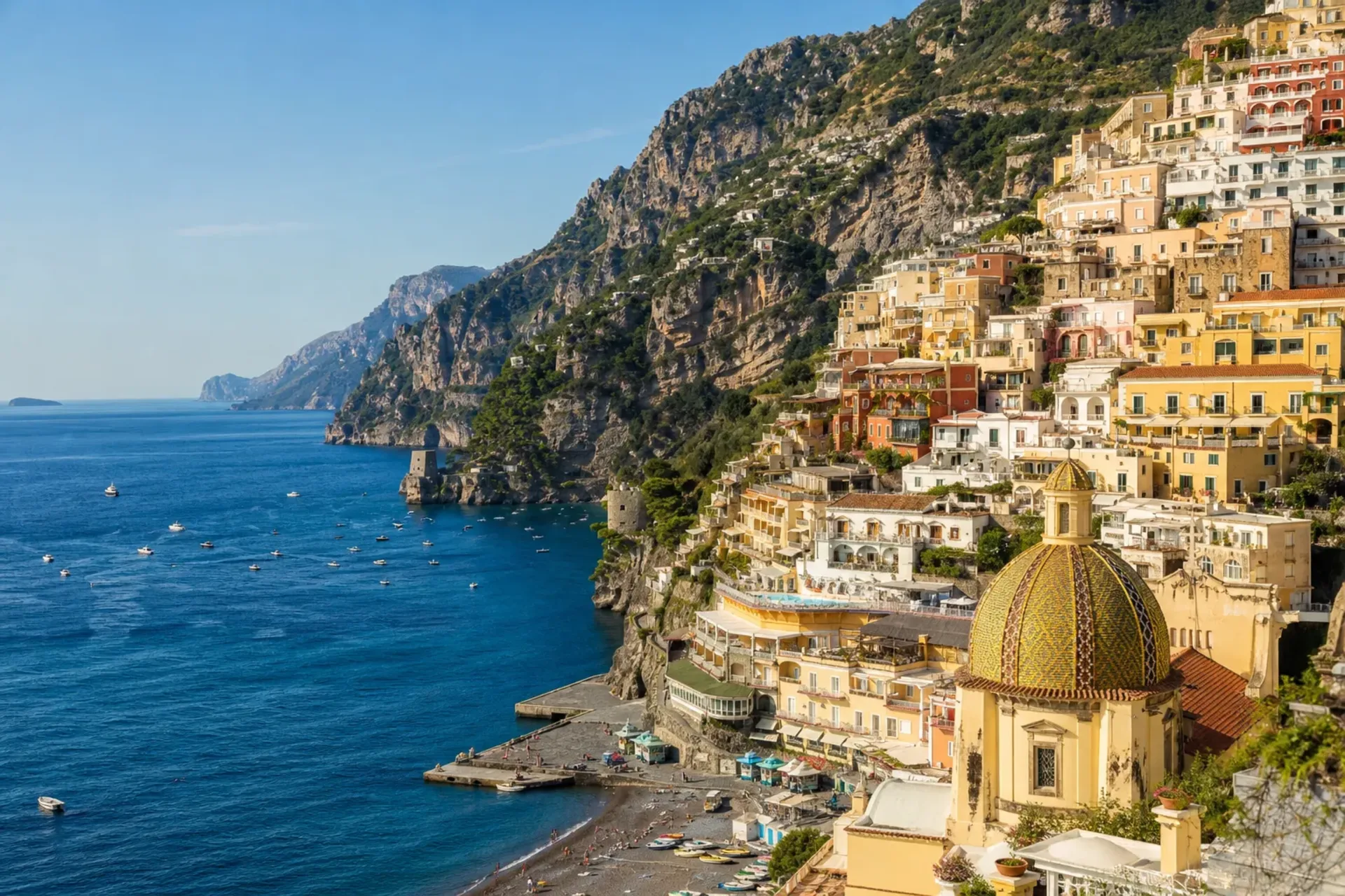 Italy-A stunning panoramic view of the Positano coastline during a Sorrento Amalfi Coast tour.