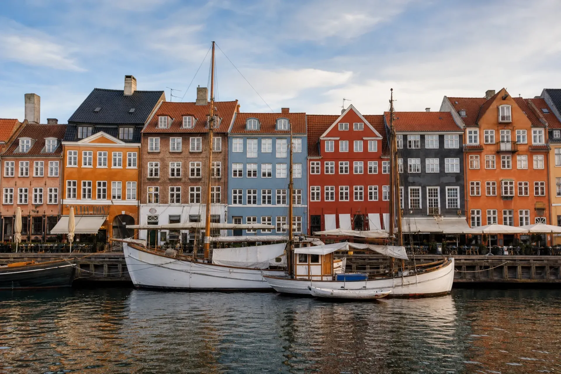 Denmark, Sweden-Colourful historic buildings and moored boats in Nyhavn on a Stockholm Copenhagen tour.